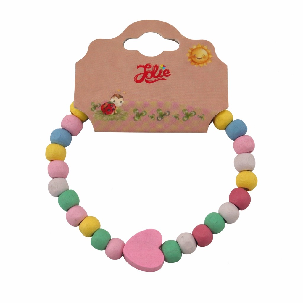 Martisor Bratara pentru Copii, Jolie, Pandativ Inimioara Roz, tip Elastica cu Margele din Lemn Colorate