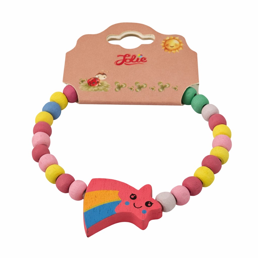 Martisor Bratara pentru Copii, Jolie, Pandativ Stea Rosie, tip Elastica cu Margele din Lemn Colorate