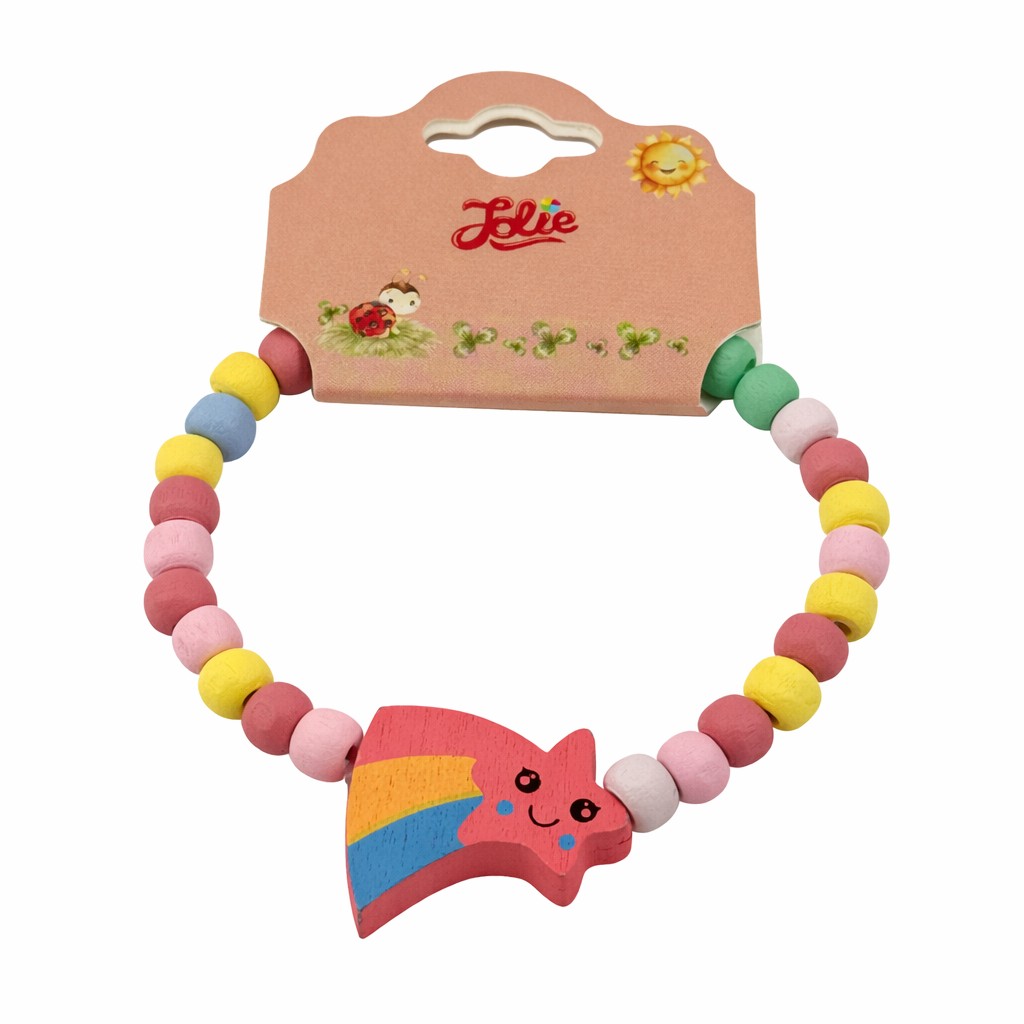 Martisor Bratara pentru Copii, Jolie, Pandativ Stea Rosie, tip Elastica cu Margele din Lemn Colorate