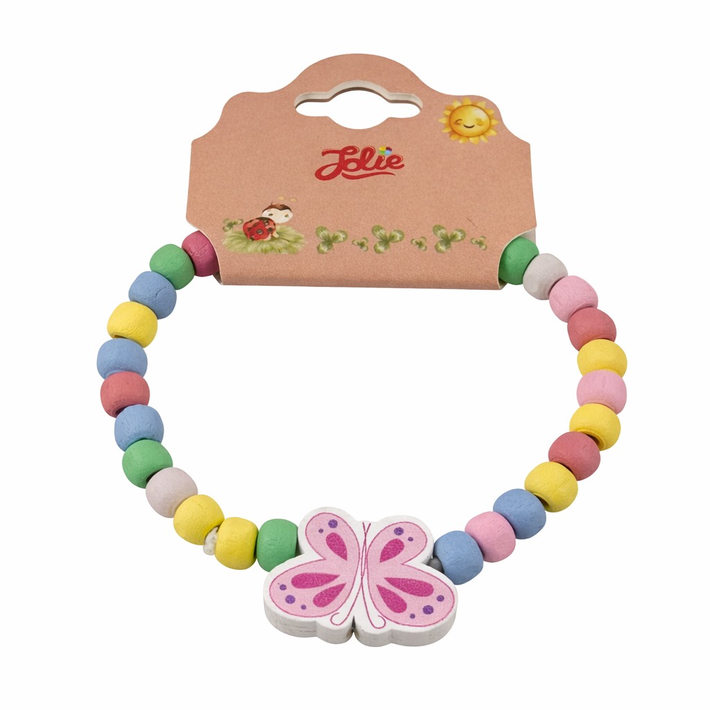 Martisor Bratara pentru Copii, Jolie, Pandativ Fluturas Alb/Roz, tip Elastica cu Margele din Lemn Colorate