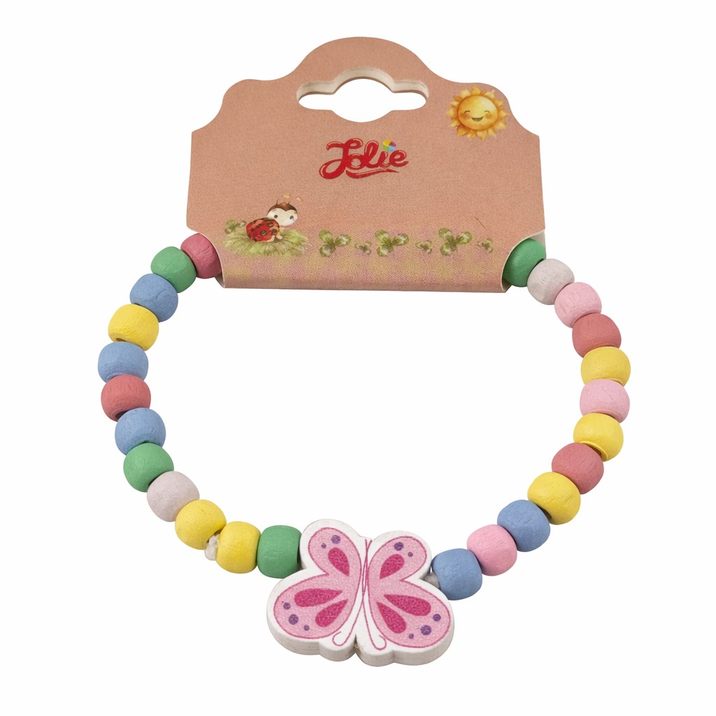 Martisor Bratara pentru Copii, Jolie, Pandativ Fluturas Alb/Roz, tip Elastica cu Margele din Lemn Colorate