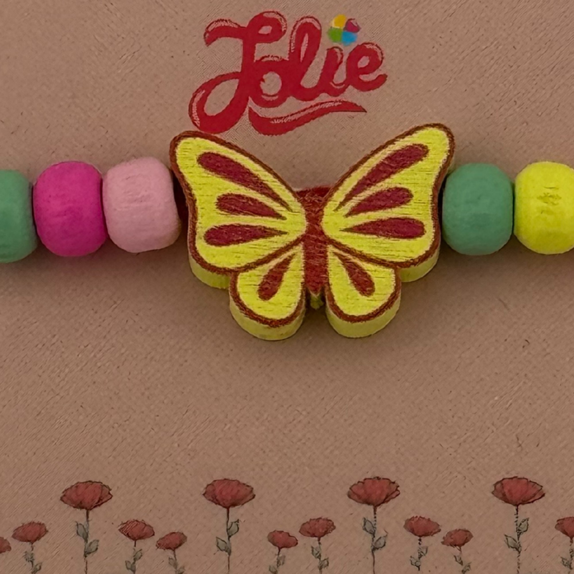 Martisor Bratara Multicolora pentru Copii, Jolie, din Lemn si Textil, Model Fluturas