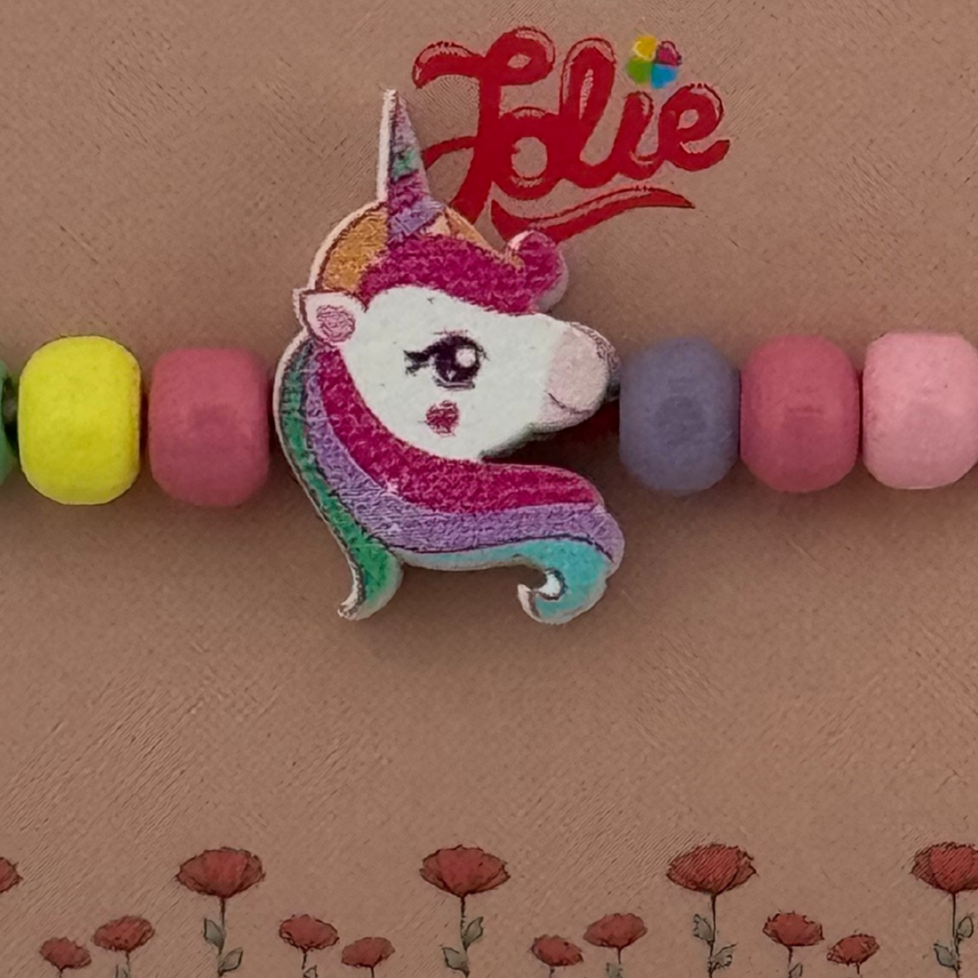 Martisor Bratara Multicolora pentru Copii, Jolie, din Lemn si Textil, Model Cap de Unicorn