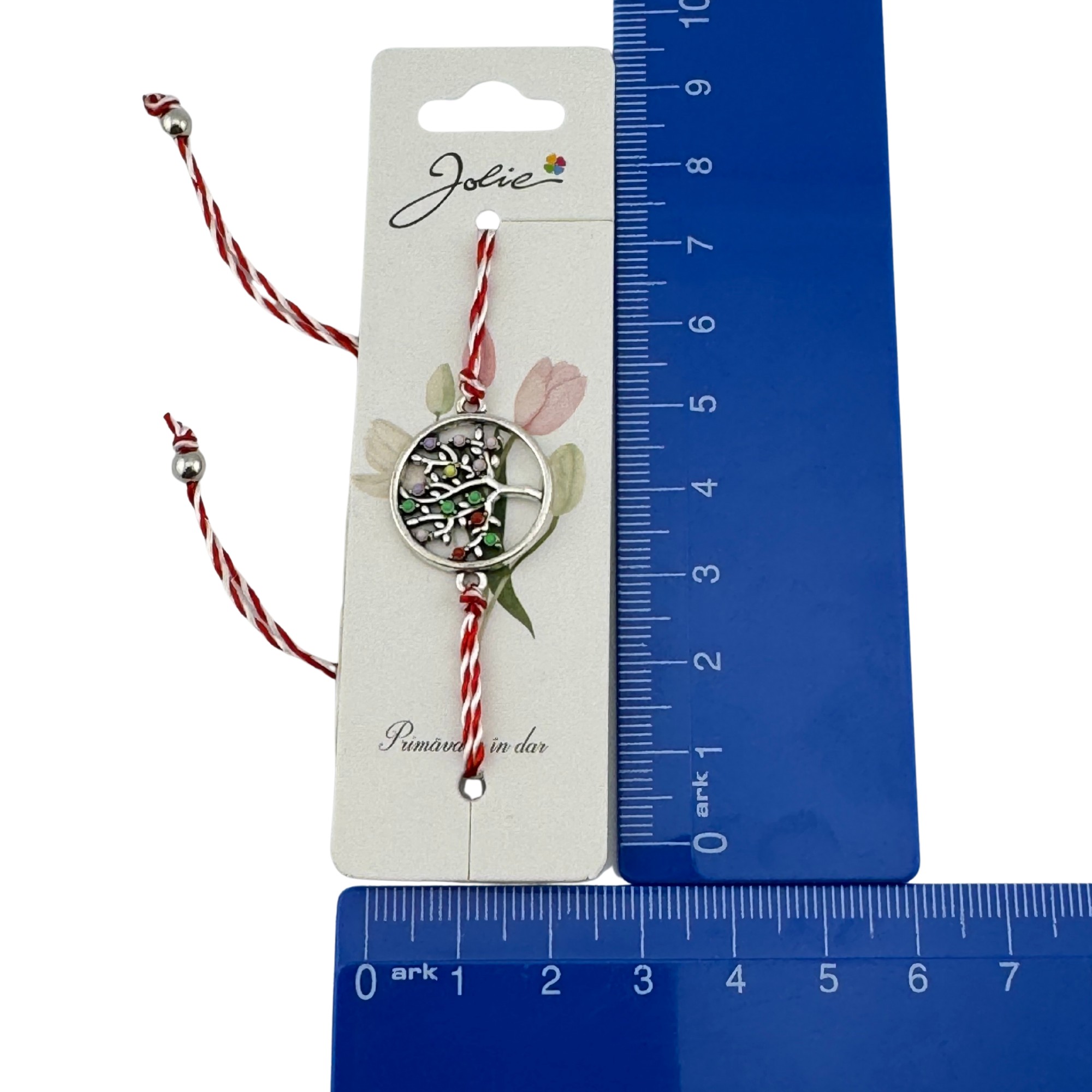 Martisor Bratara Snur Alb-Rosu, Jolie, Pandantiv Metalic, Model Copacul Vietii