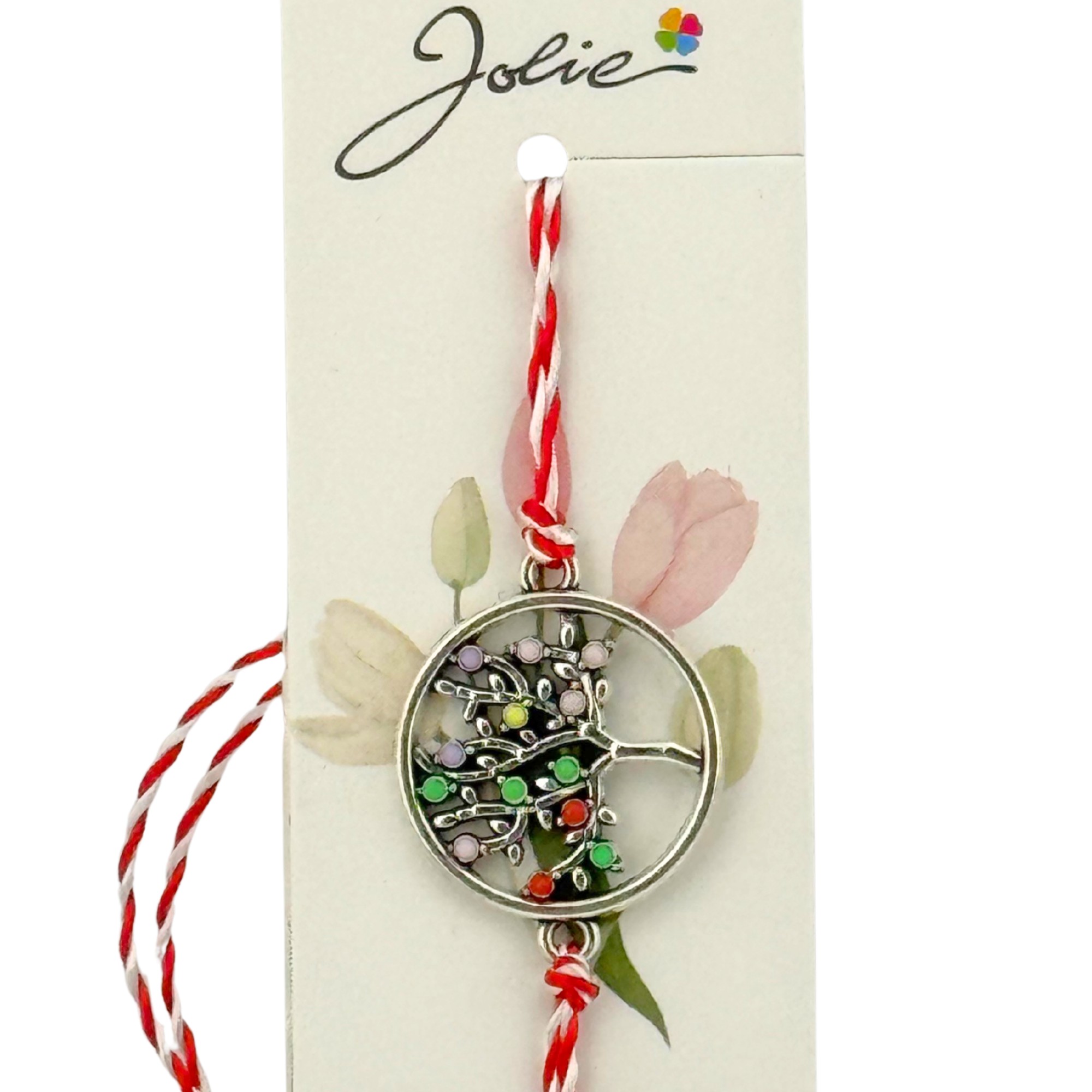 Martisor Bratara Snur Alb-Rosu, Jolie, Pandantiv Metalic, Model Copacul Vietii