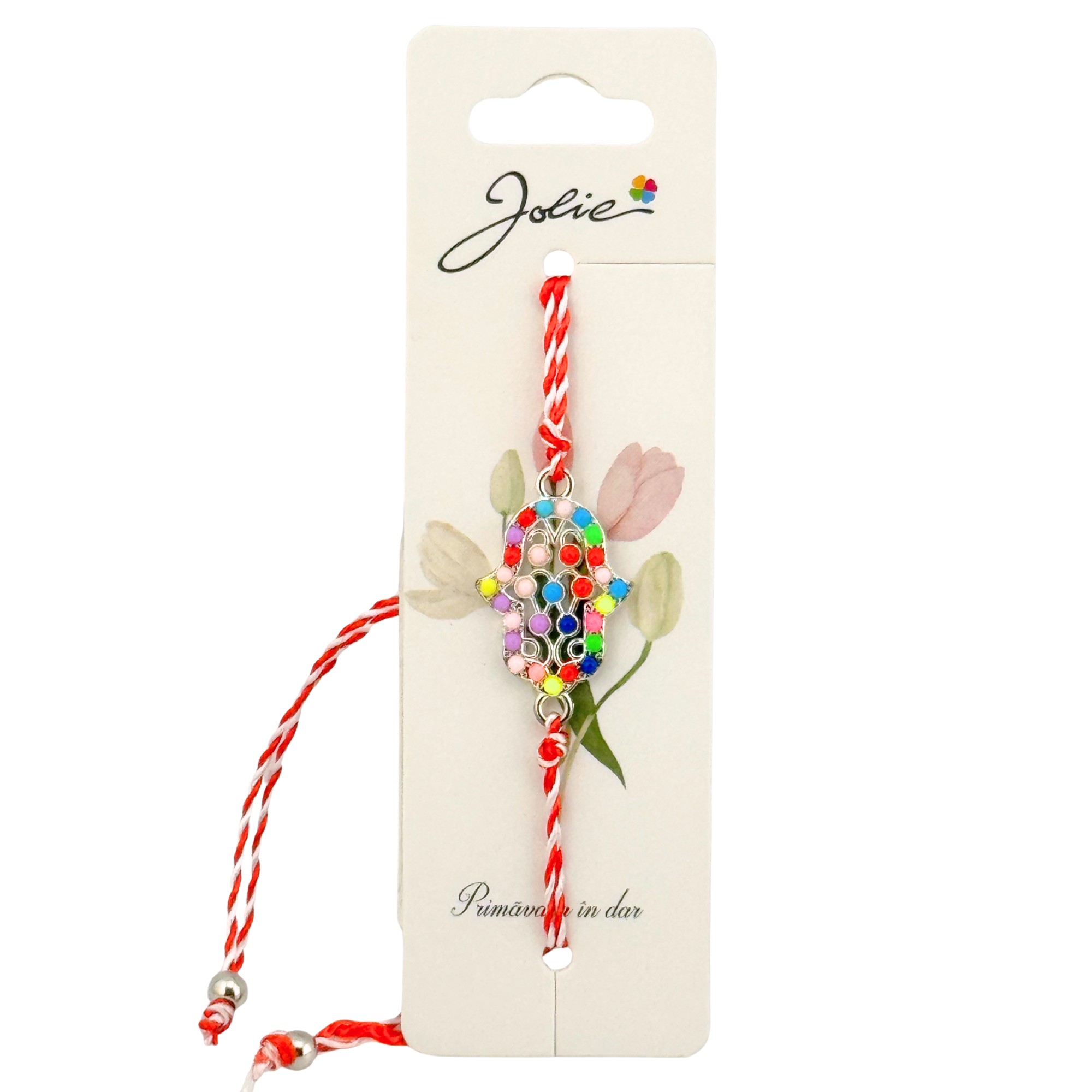 Martisor Bratara Snur Alb-Rosu, Jolie, Pandantiv Metalic, Model Multicolor