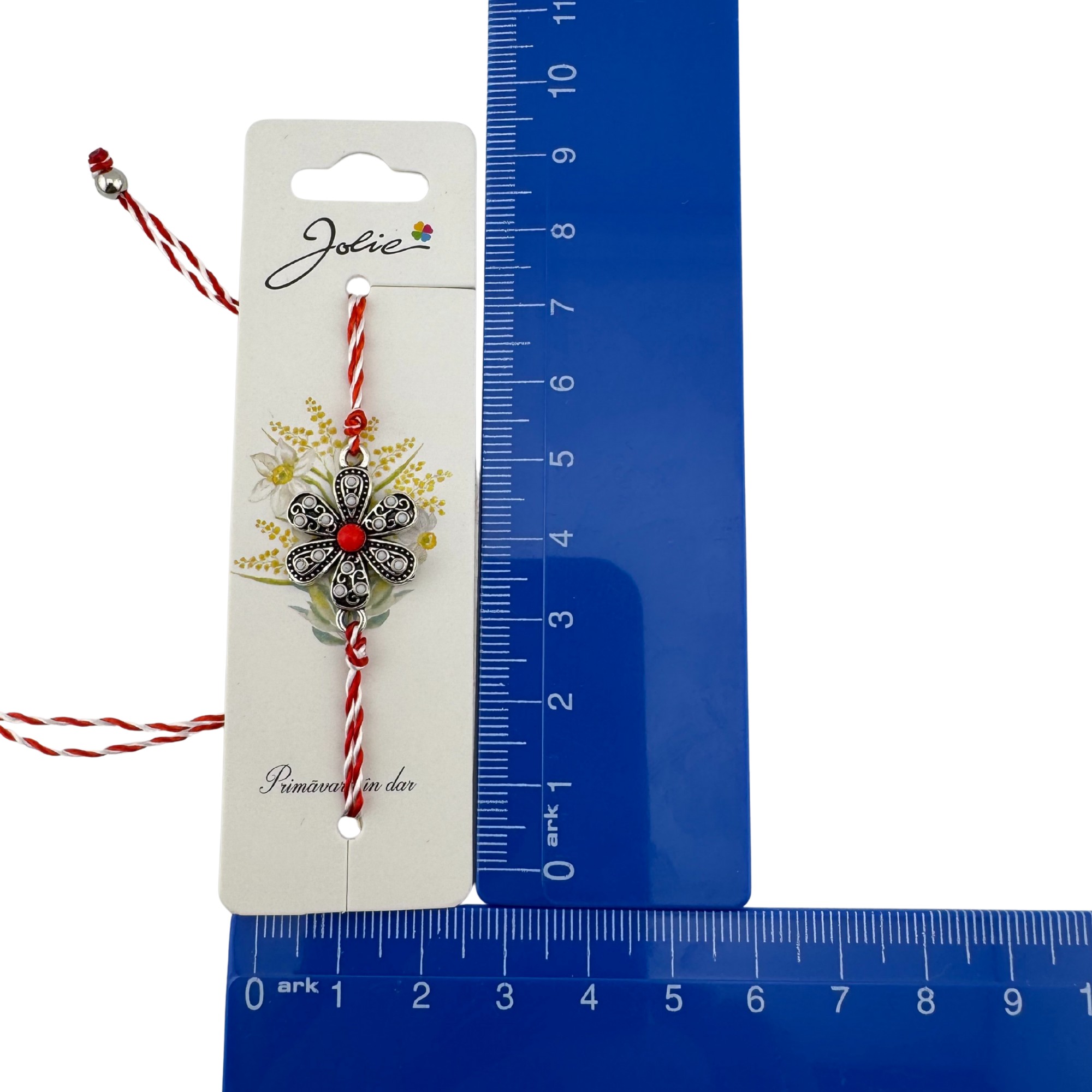 Martisor Bratara Snur Alb-Rosu, Jolie, Pandantiv Metalic, Model Floare