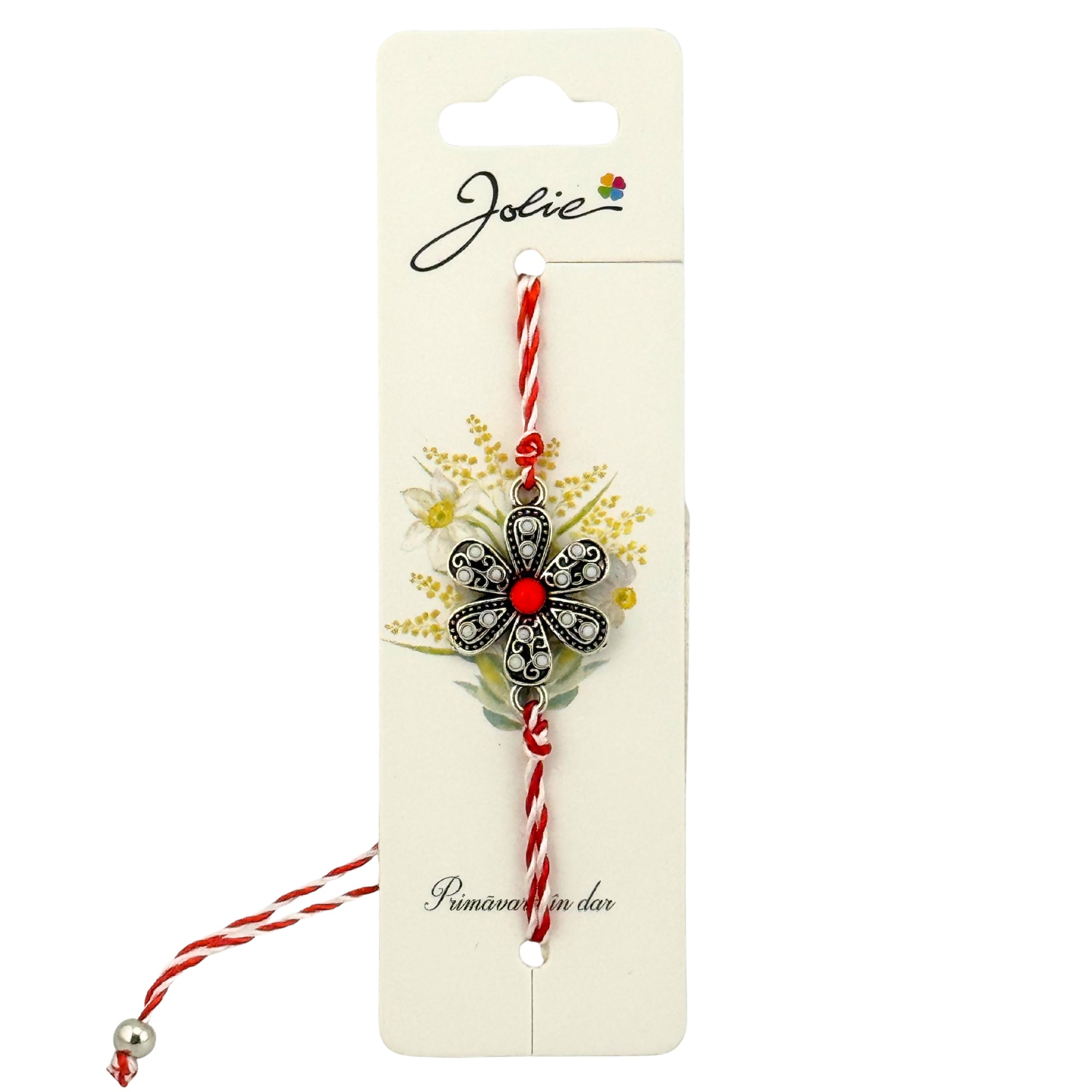 Martisor Bratara Snur Alb-Rosu, Jolie, Pandantiv Metalic, Model Floare