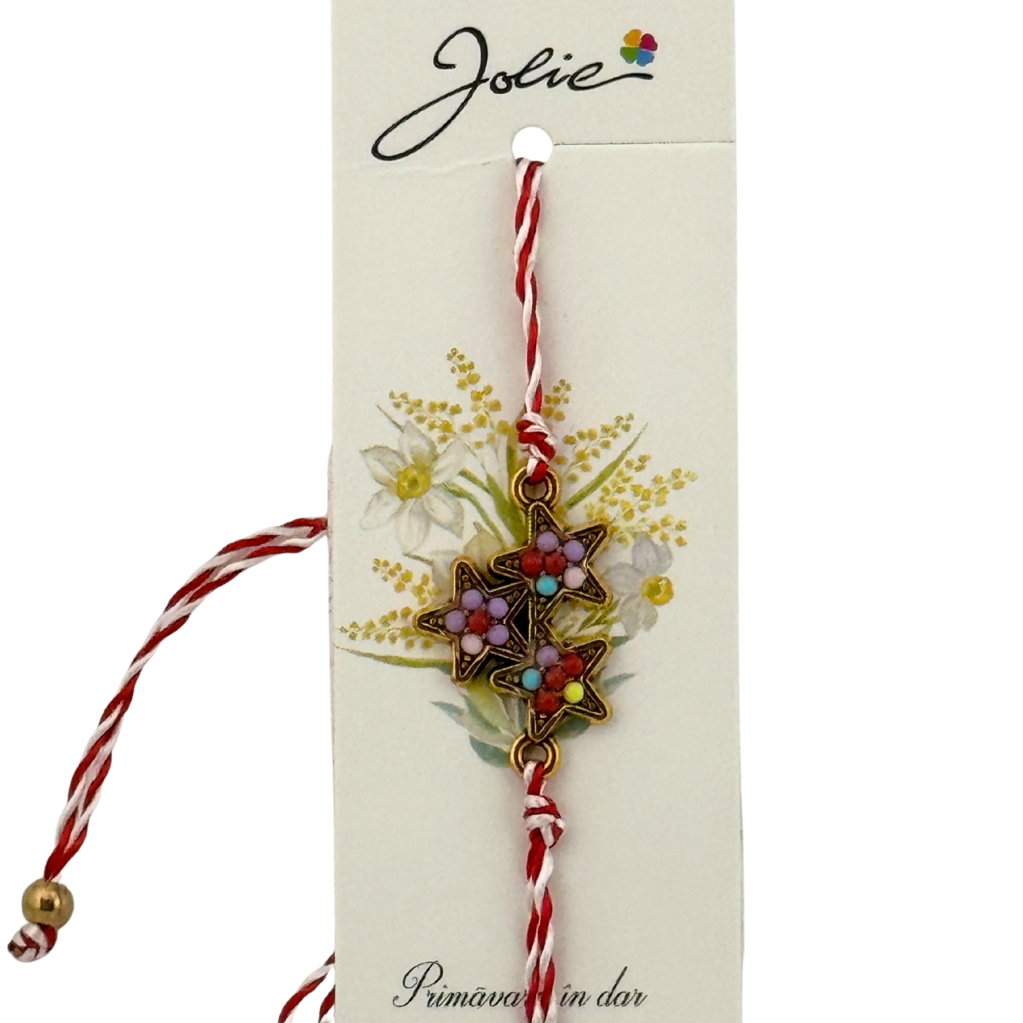 Martisor Bratara Snur Alb-Rosu, Jolie, Pandantiv Metalic, Model Stelute Colorate