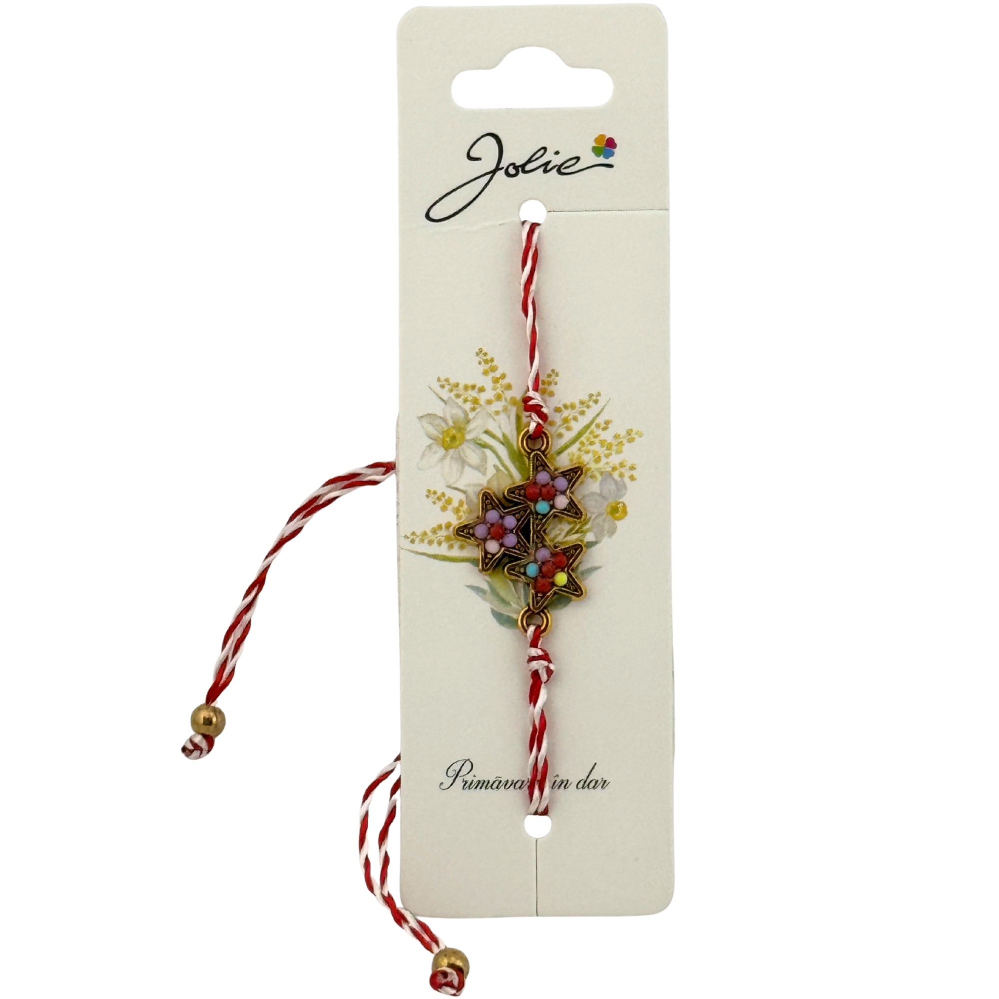 Martisor Bratara Snur Alb-Rosu, Jolie, Pandantiv Metalic, Model Stelute Colorate