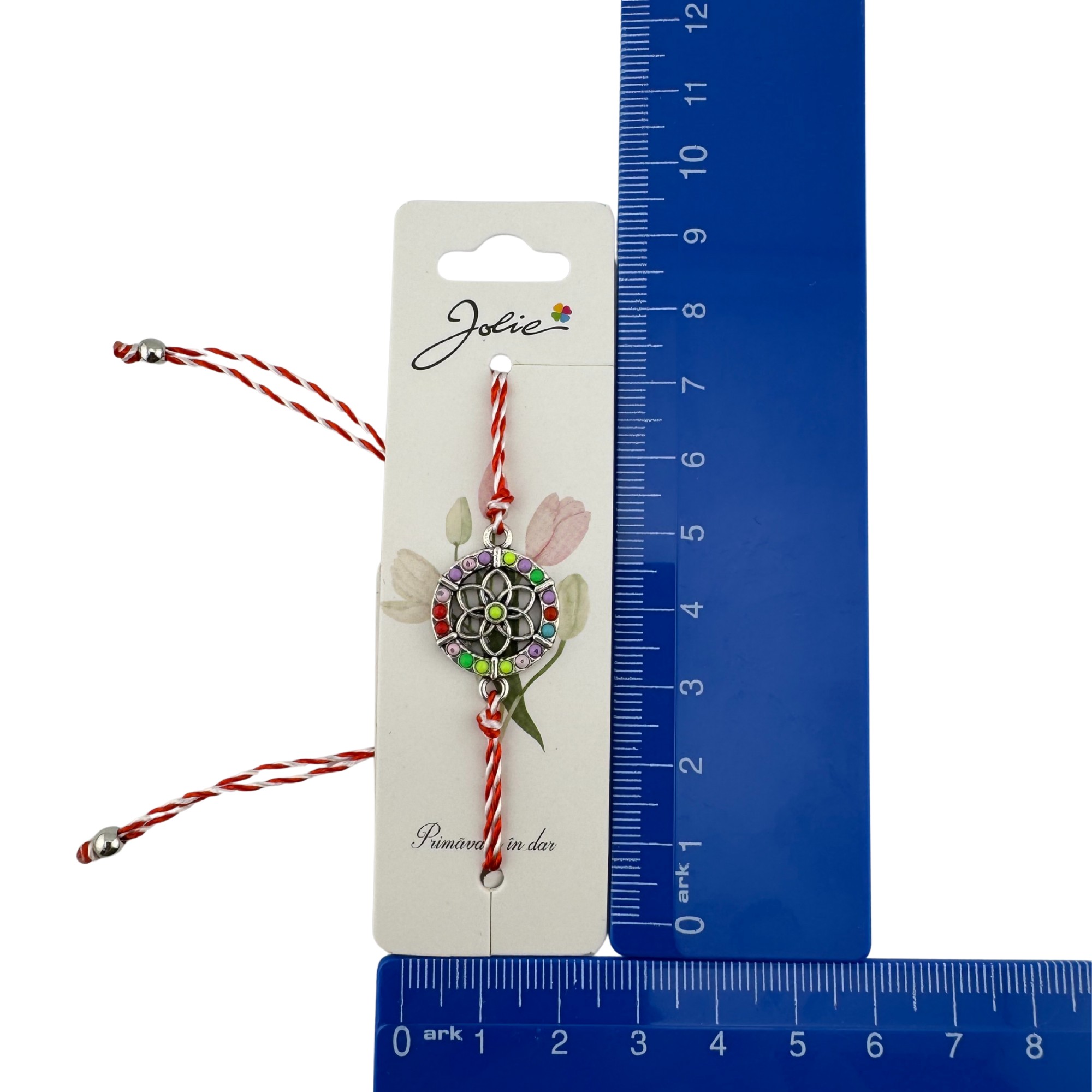 Martisor Bratara Snur Alb-Rosu, Jolie, Pandantiv Metalic, Model Floare Colorata