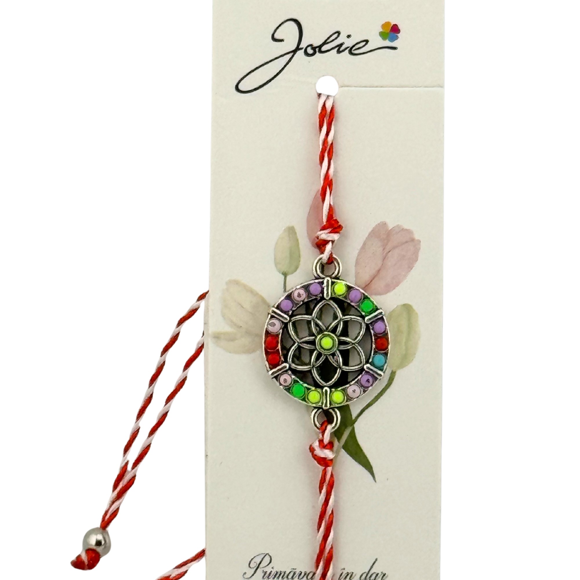 Martisor Bratara Snur Alb-Rosu, Jolie, Pandantiv Metalic, Model Floare Colorata
