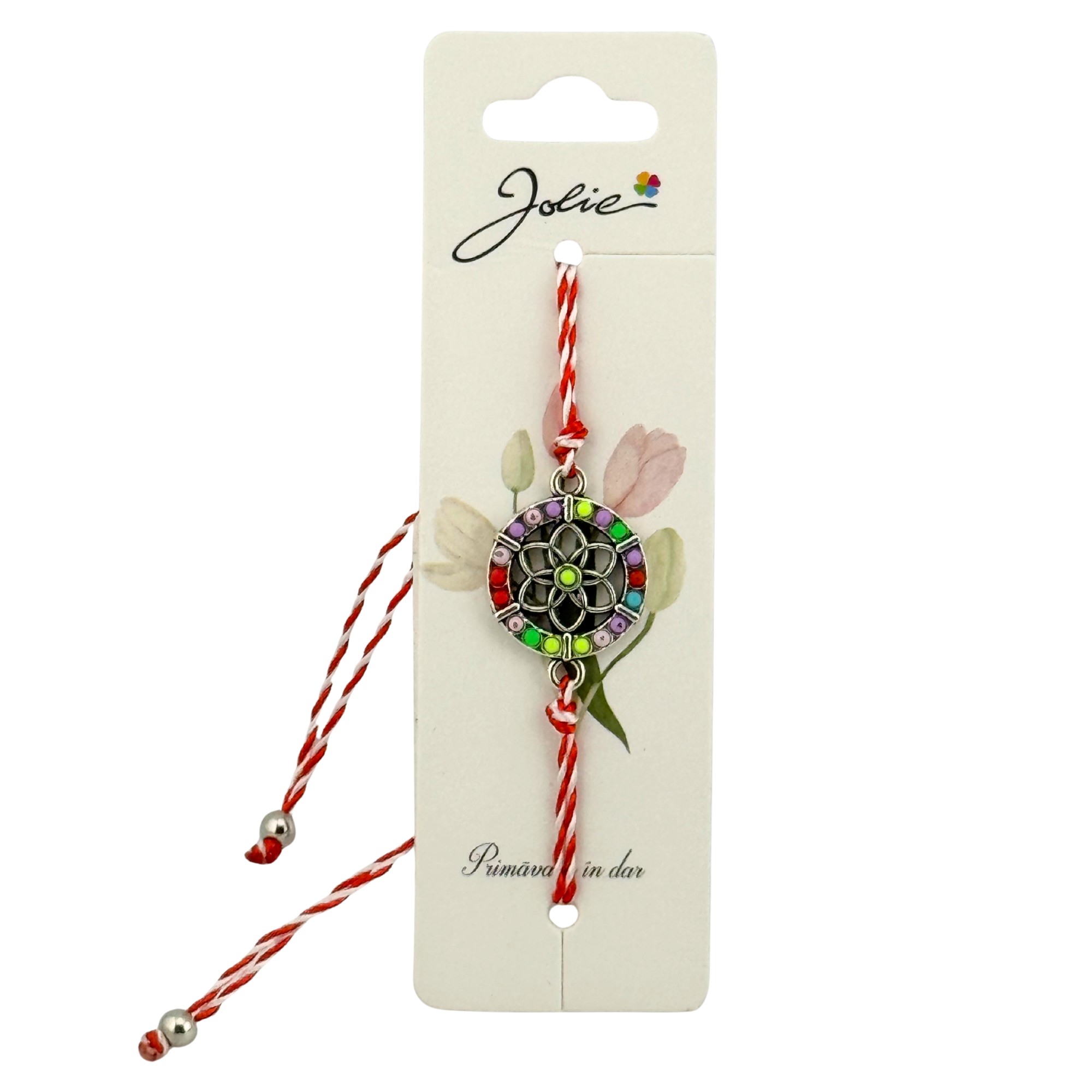 Martisor Bratara Snur Alb-Rosu, Jolie, Pandantiv Metalic, Model Floare Colorata
