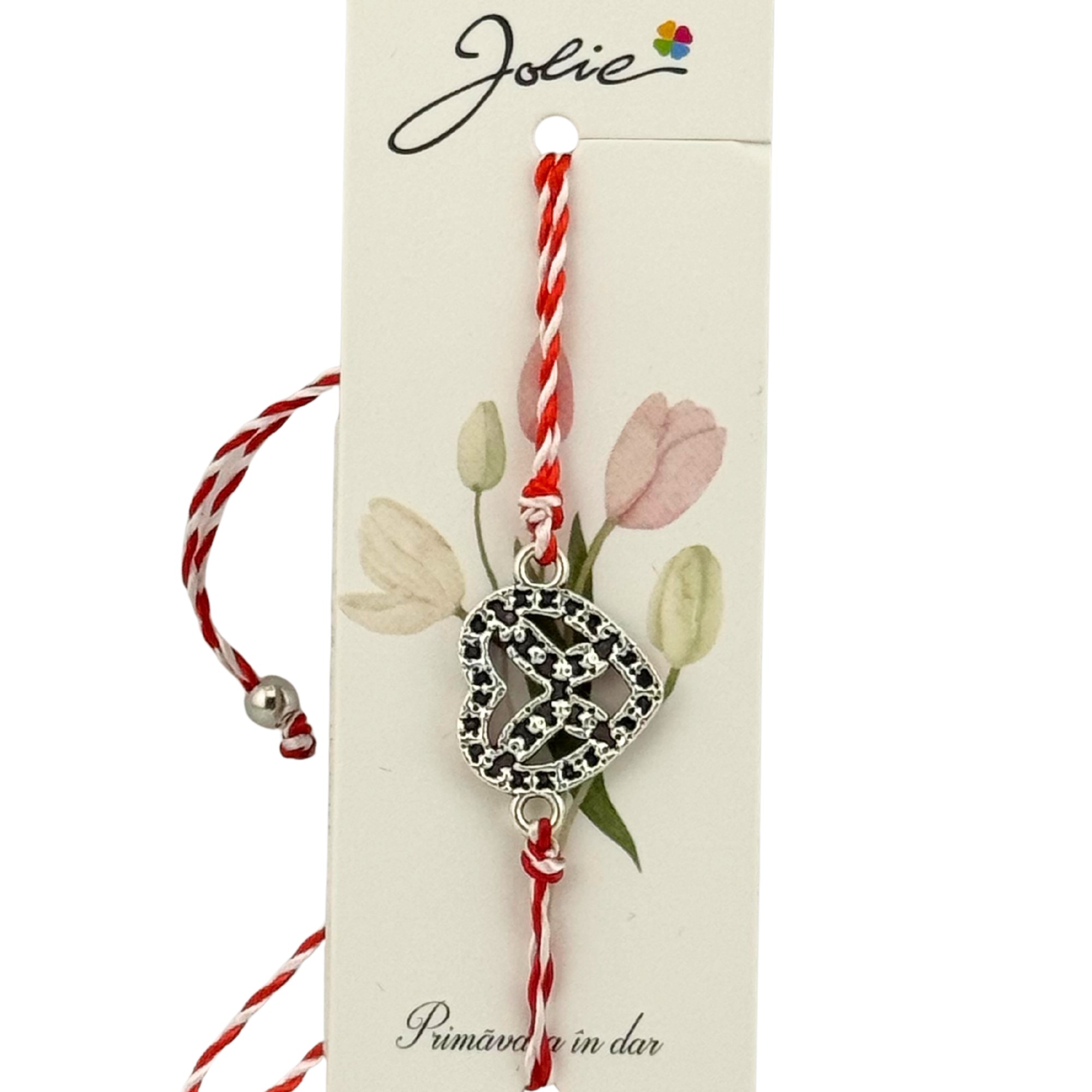 Martisor Bratara Snur Alb-Rosu, Jolie, Pandantiv Metalic, Model Inima cu Fluturas in interior