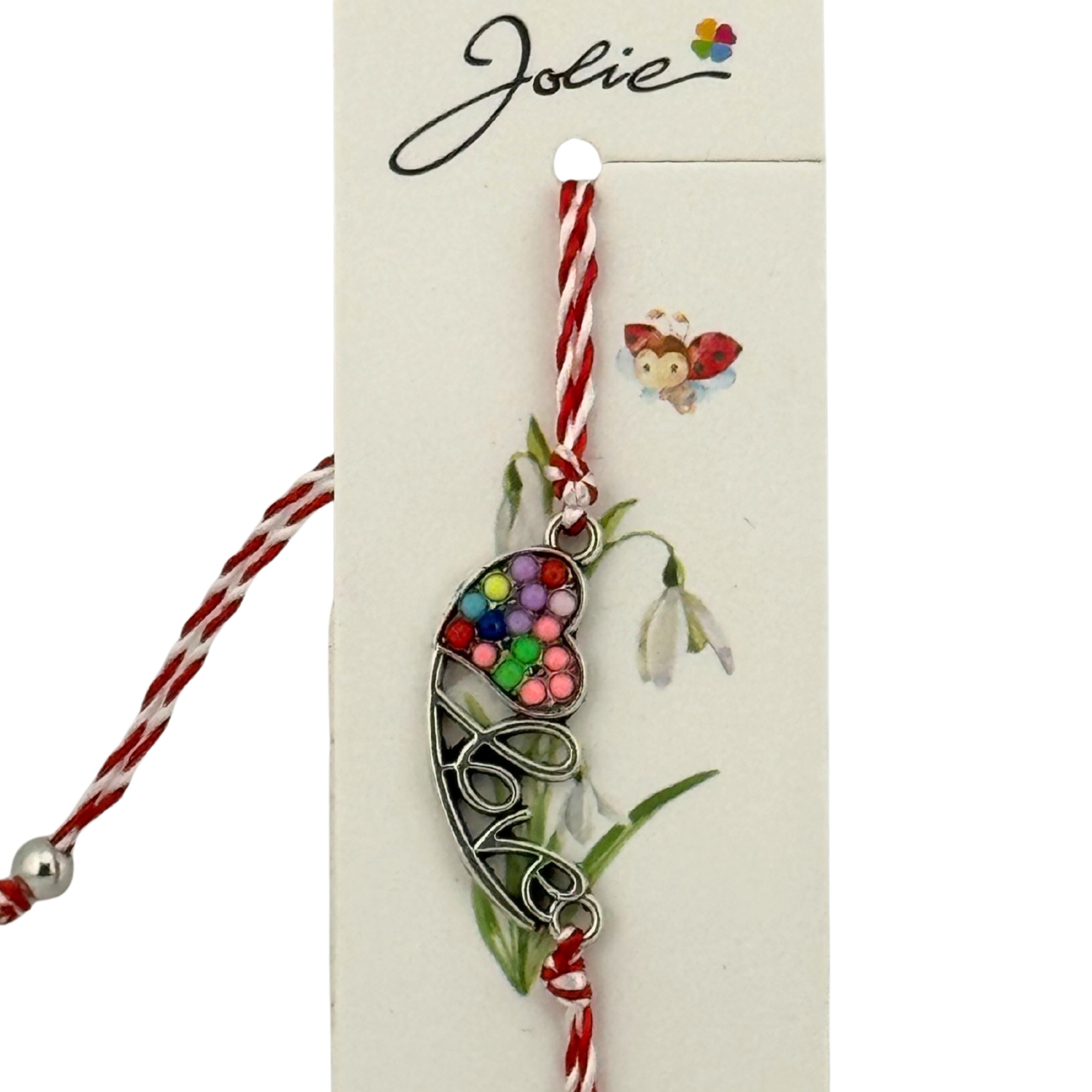 Martisor Bratara Snur Alb-Rosu, Jolie, Pandantiv Metalic, Model Inima Love