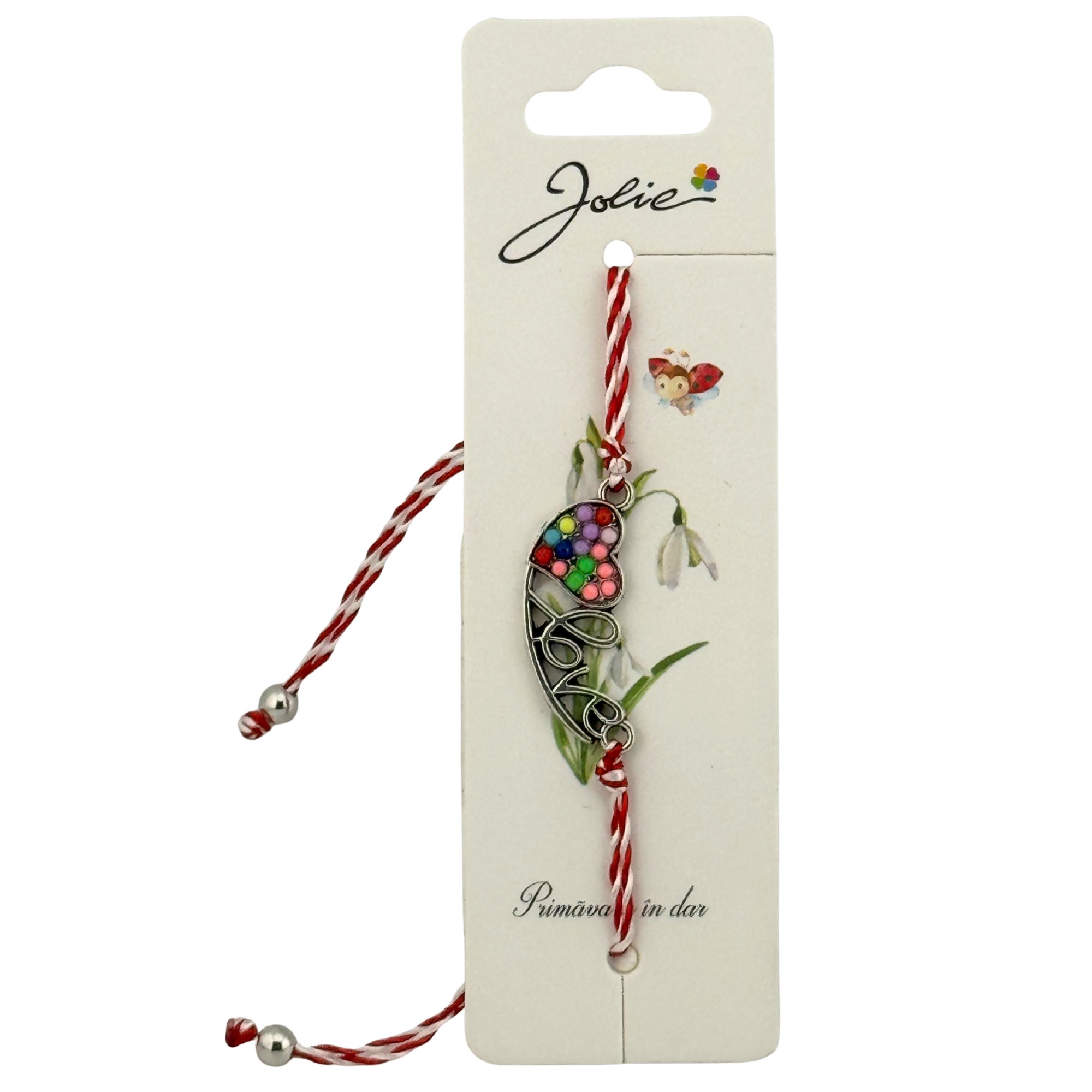 Martisor Bratara Snur Alb-Rosu, Jolie, Pandantiv Metalic, Model Inima Love