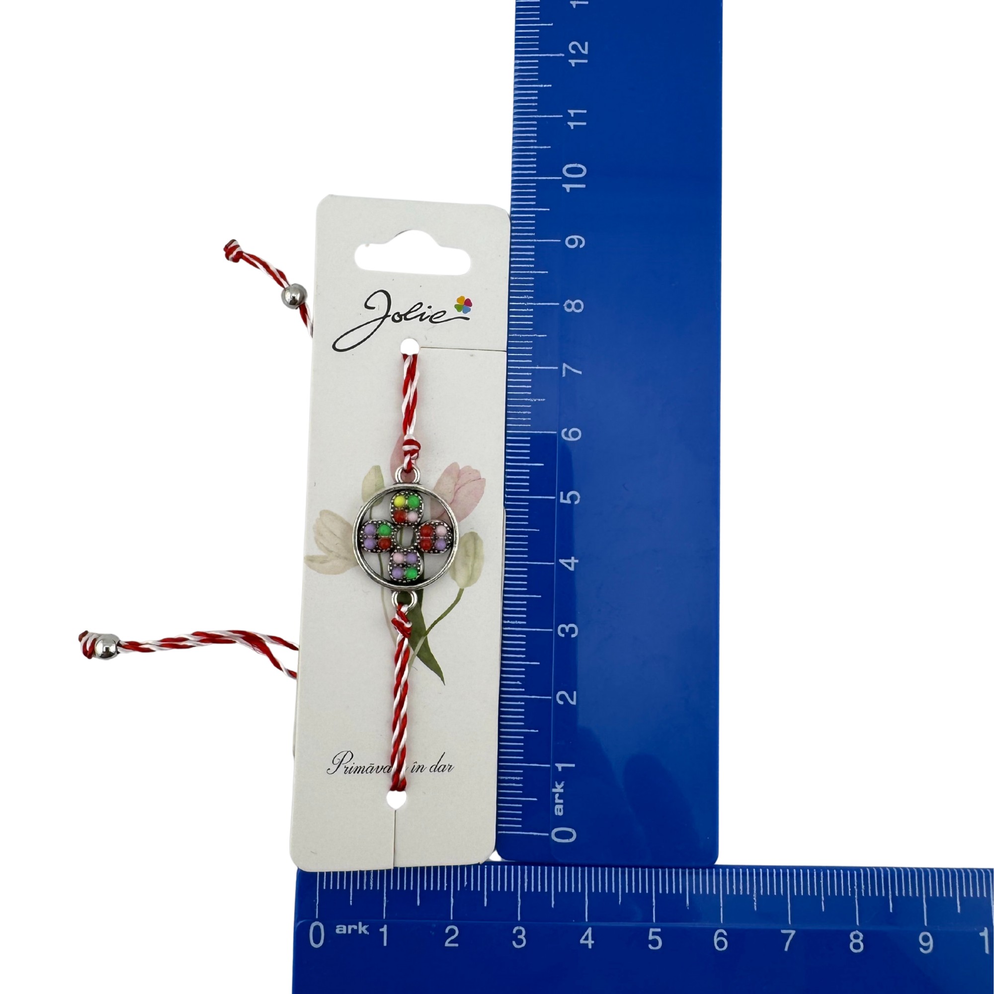 Martisor Bratara Snur Alb-Rosu, Jolie, Pandantiv Metalic, Model Floare cu 4 Petale