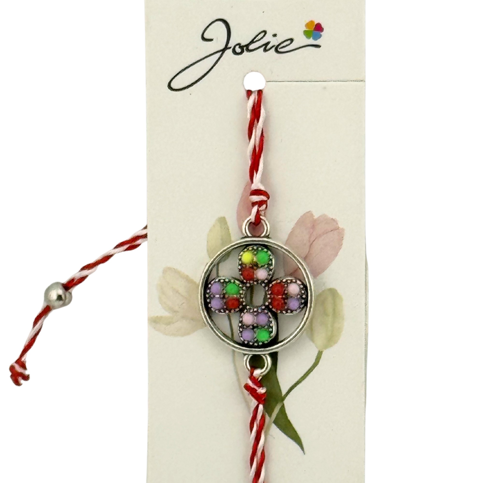 Martisor Bratara Snur Alb-Rosu, Jolie, Pandantiv Metalic, Model Floare cu 4 Petale
