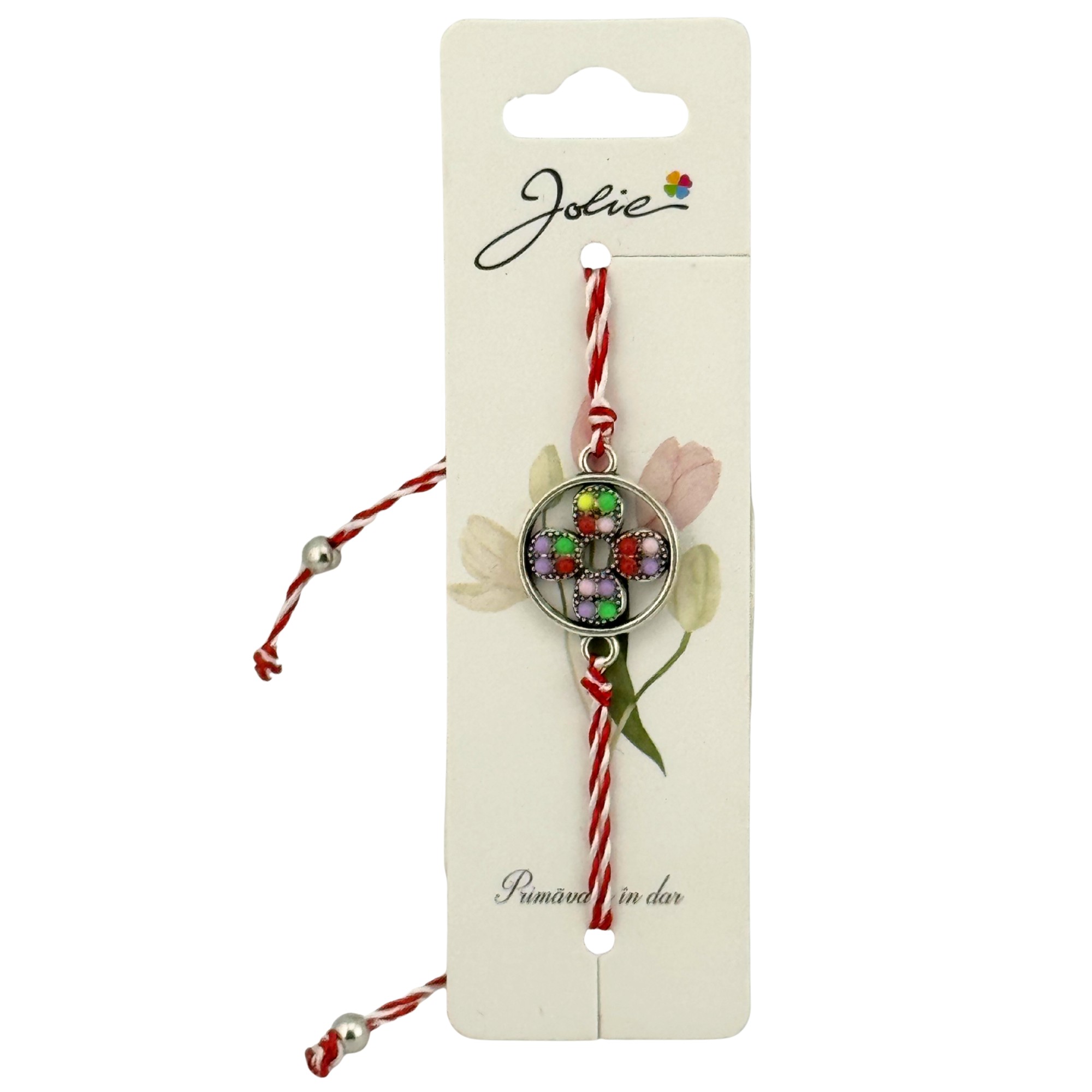 Martisor Bratara Snur Alb-Rosu, Jolie, Pandantiv Metalic, Model Floare cu 4 Petale