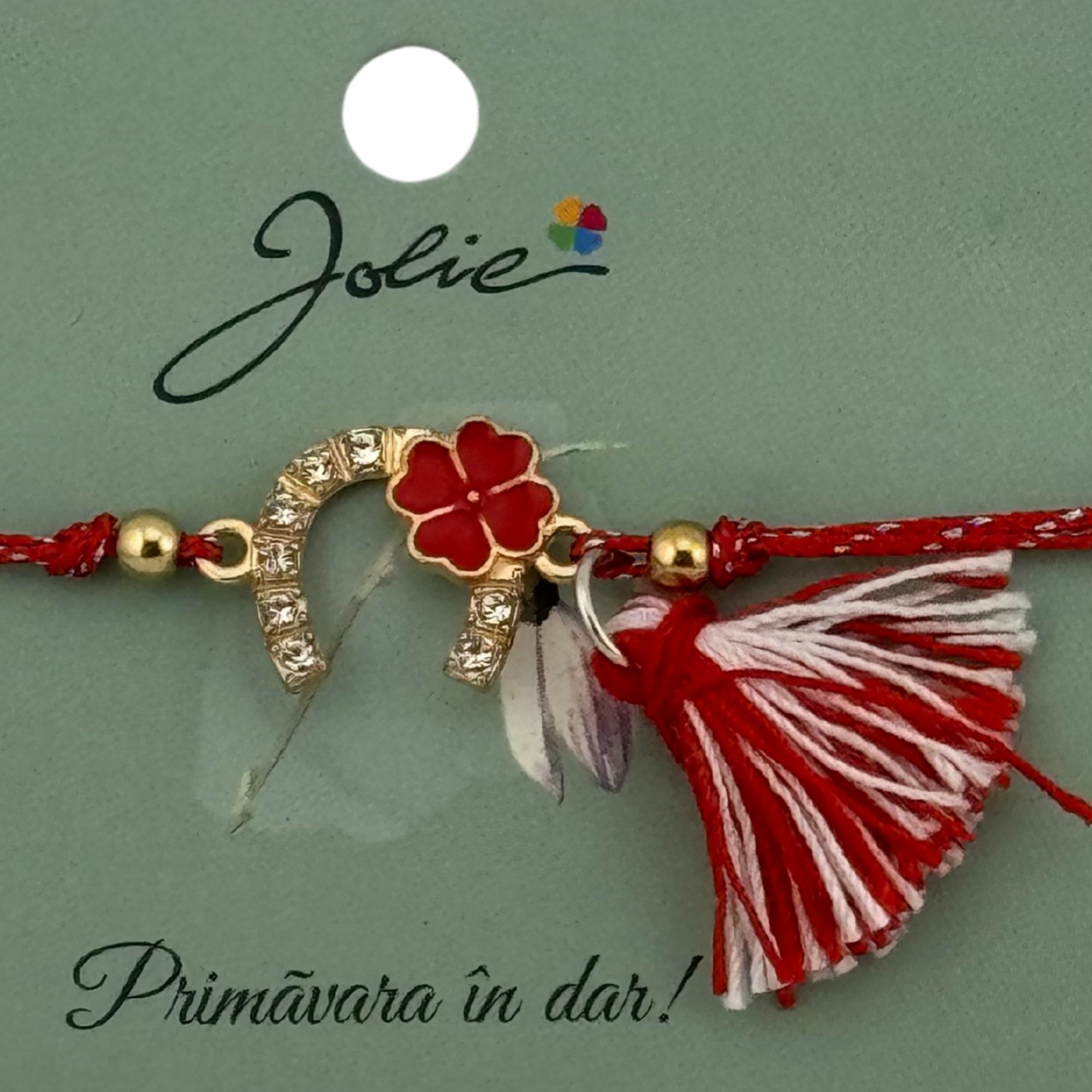 Martisor Bratara Ciucure, Jolie, Snur Rosu Reglabil, cu Pandantiv, Model Potcoava