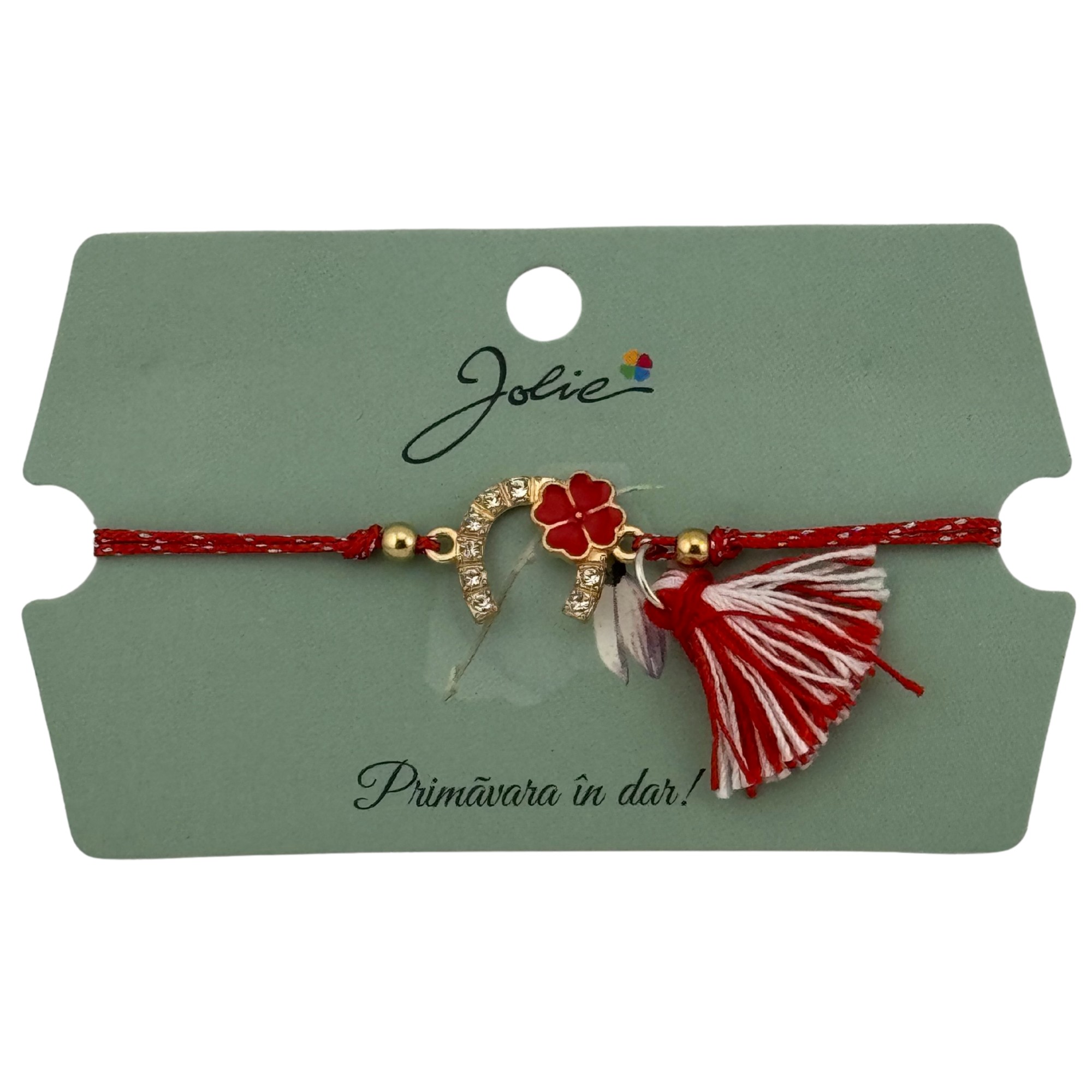 Martisor Bratara Ciucure, Jolie, Snur Rosu Reglabil, cu Pandantiv, Model Potcoava