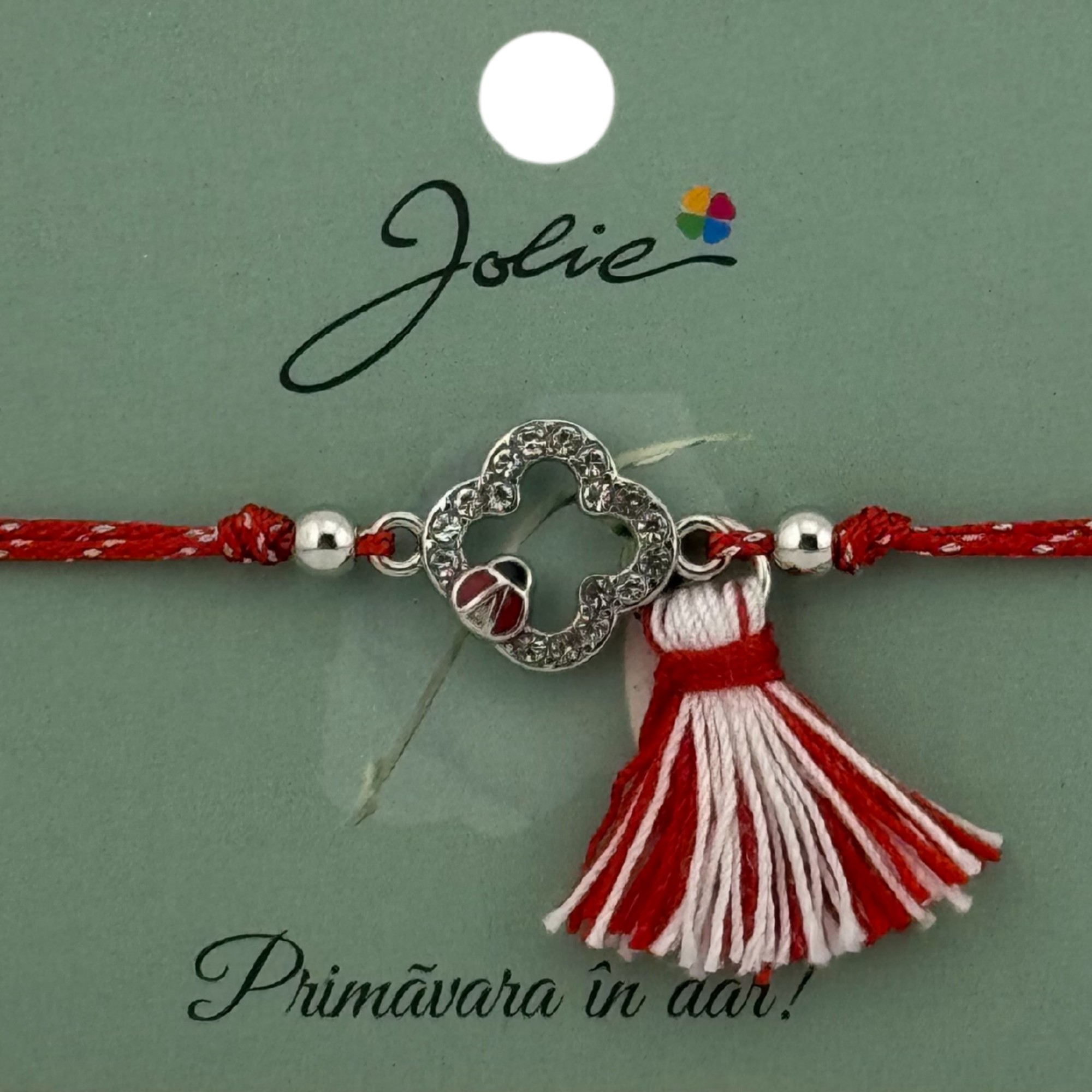 Martisor Bratara Ciucure, Jolie, Snur Rosu Reglabil, cu Pandantiv, Model Floare-Buburuza