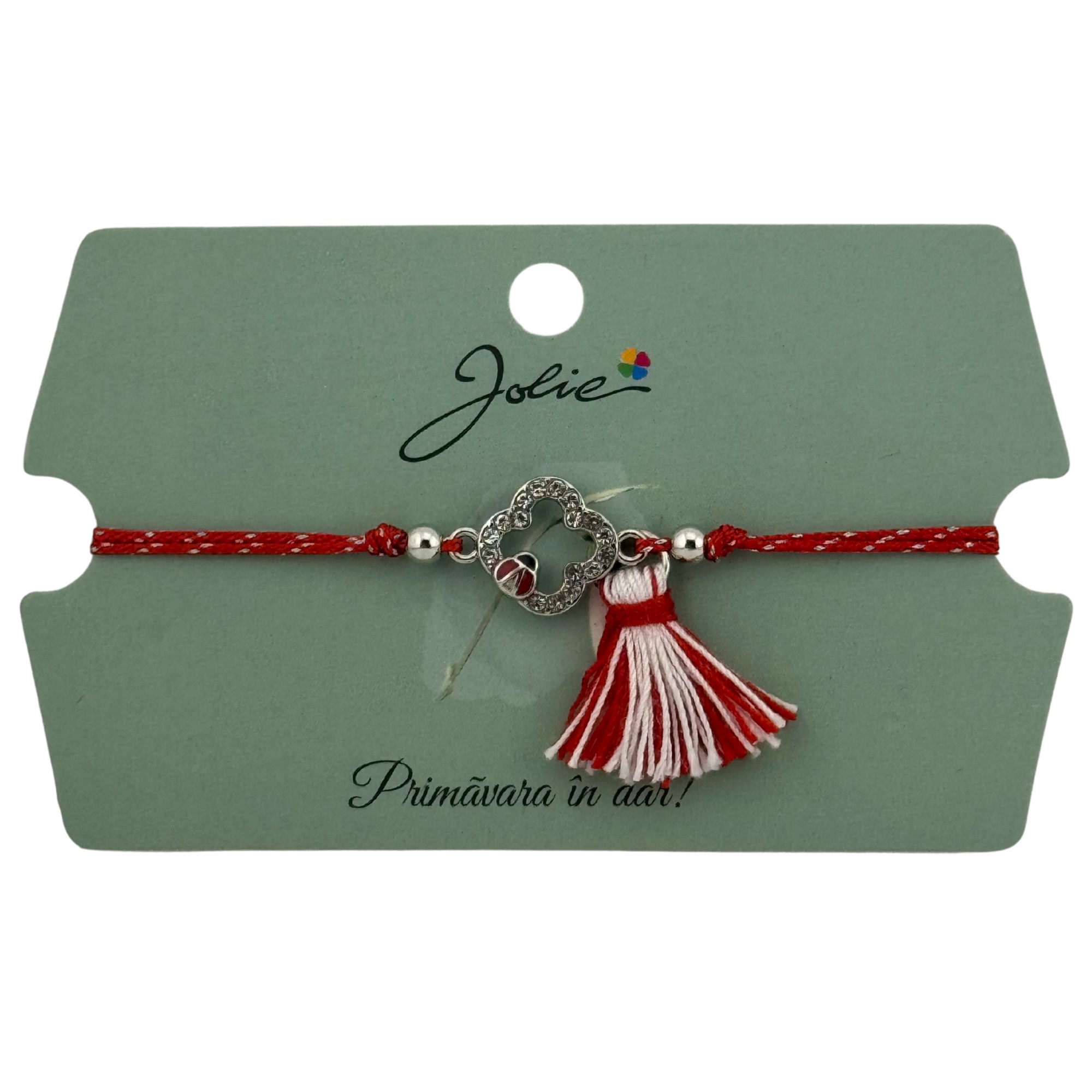 Martisor Bratara Ciucure, Jolie, Snur Rosu Reglabil, cu Pandantiv, Model Floare-Buburuza