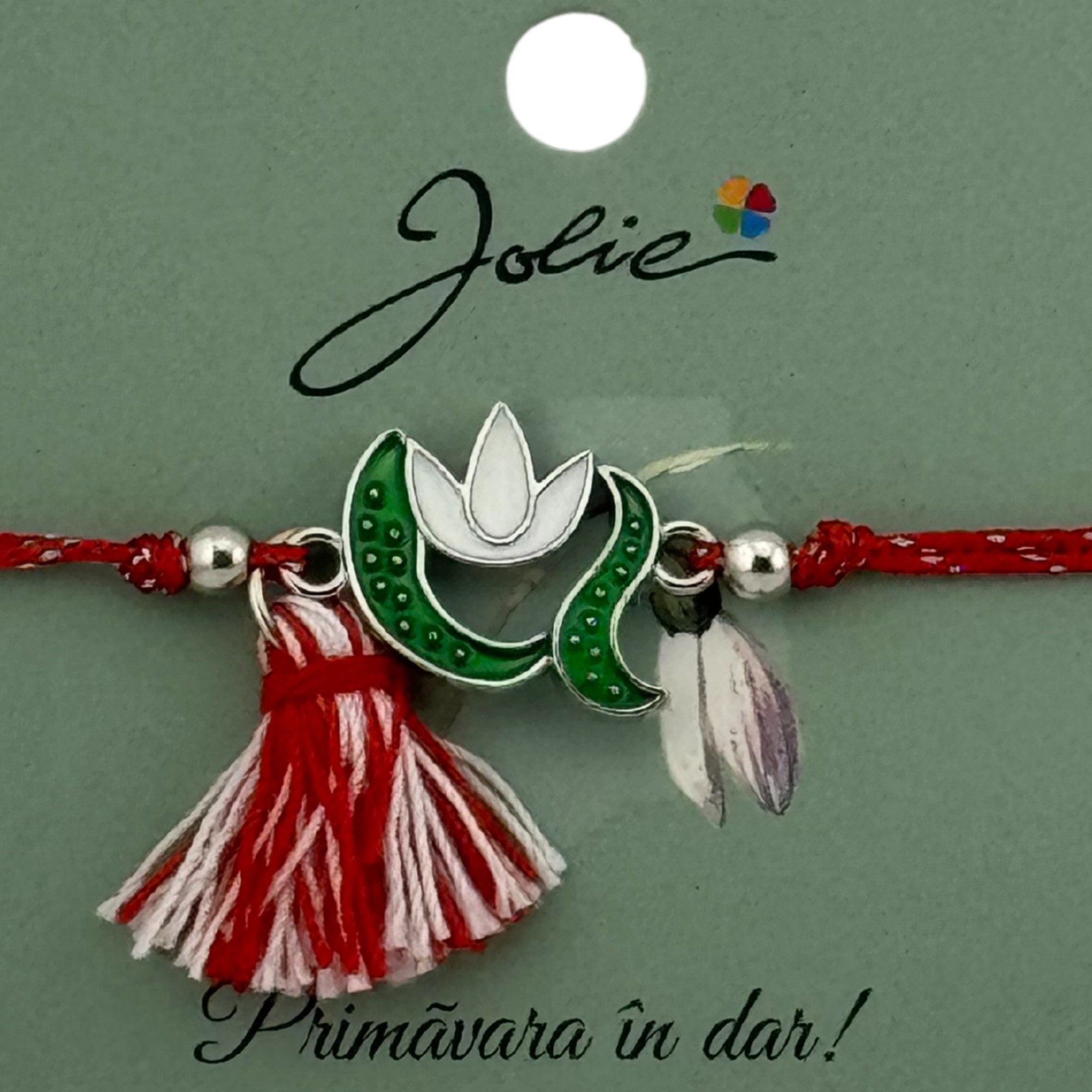 Martisor Bratara Ciucure, Jolie, Snur Rosu Reglabil, cu Pandantiv, Model Ghiocel