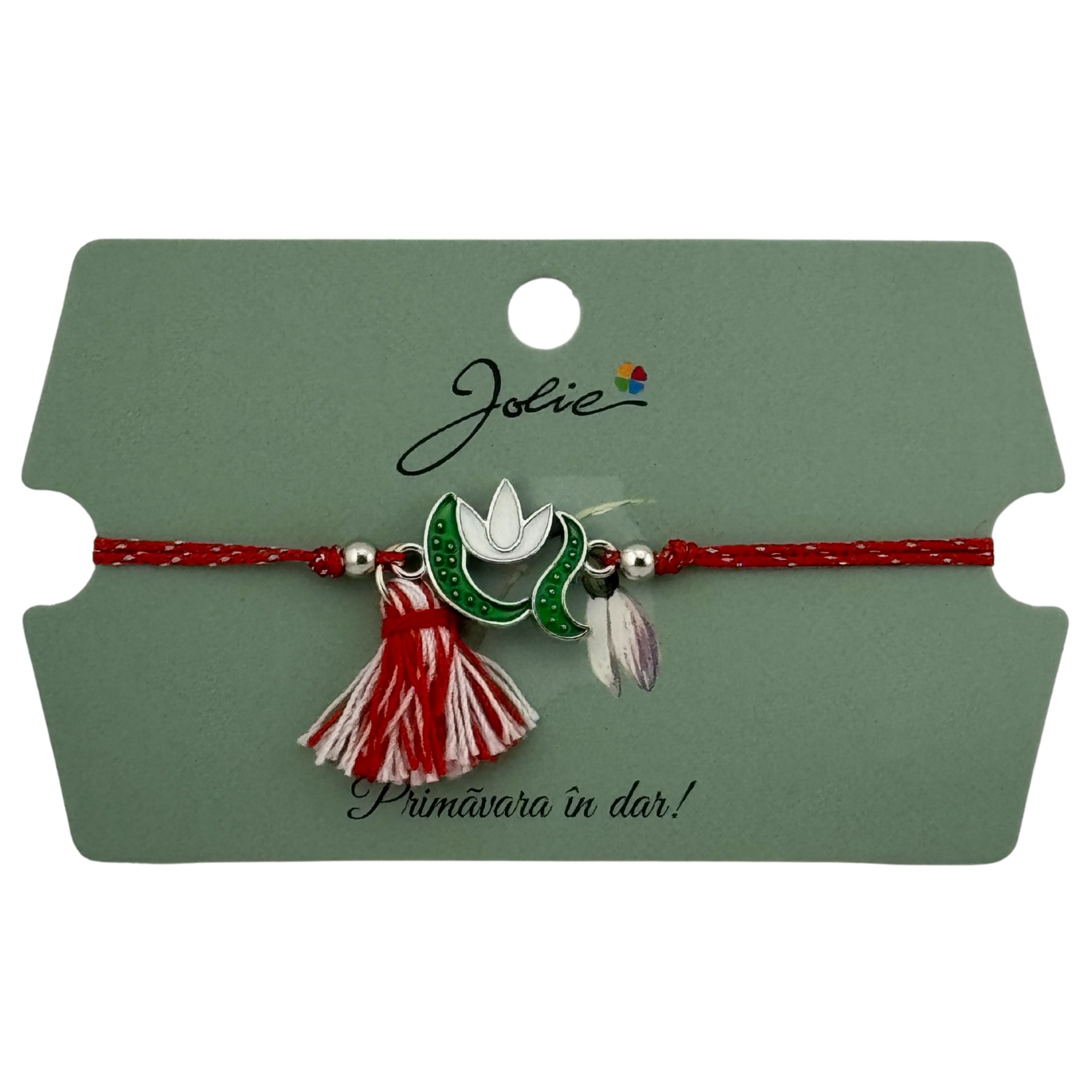 Martisor Bratara Ciucure, Jolie, Snur Rosu Reglabil, cu Pandantiv, Model Ghiocel