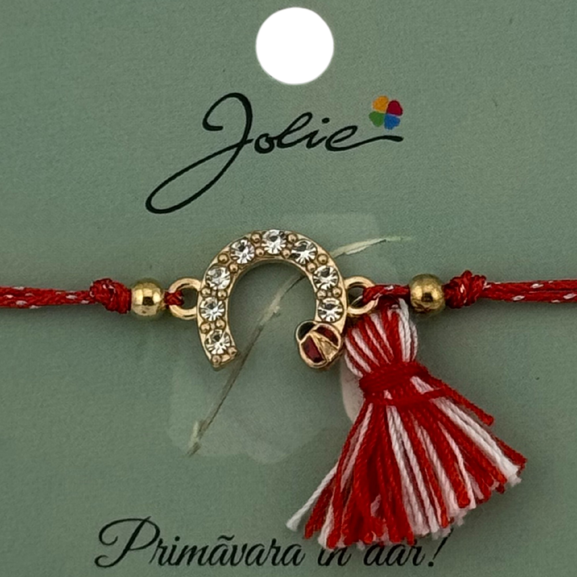 Martisor Bratara Ciucure, Jolie, Snur Rosu Reglabil, cu Pandantiv, Model Potcoava Buburuza