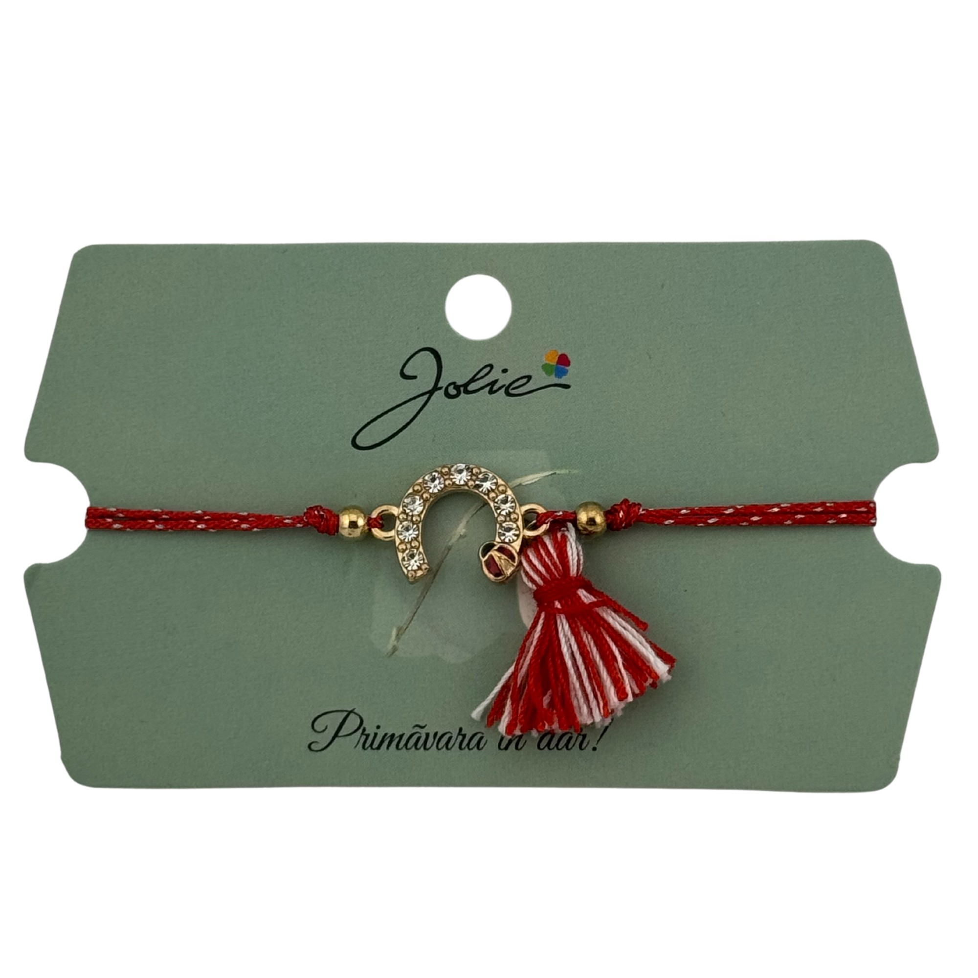 Martisor Bratara Ciucure, Jolie, Snur Rosu Reglabil, cu Pandantiv, Model Potcoava Buburuza