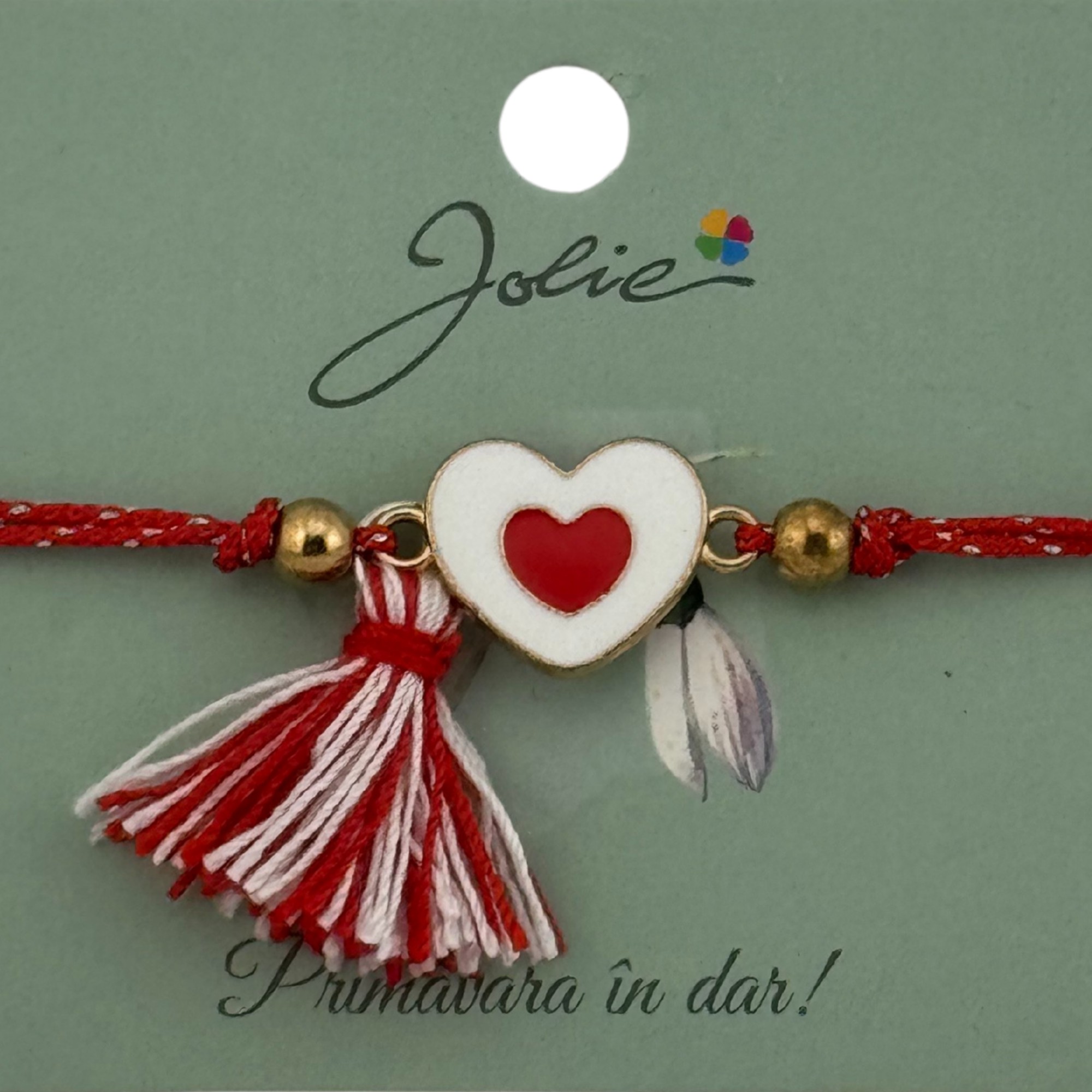 Martisor Bratara Ciucure, Jolie, Snur Rosu Reglabil, cu Pandantiv, Model Inima
