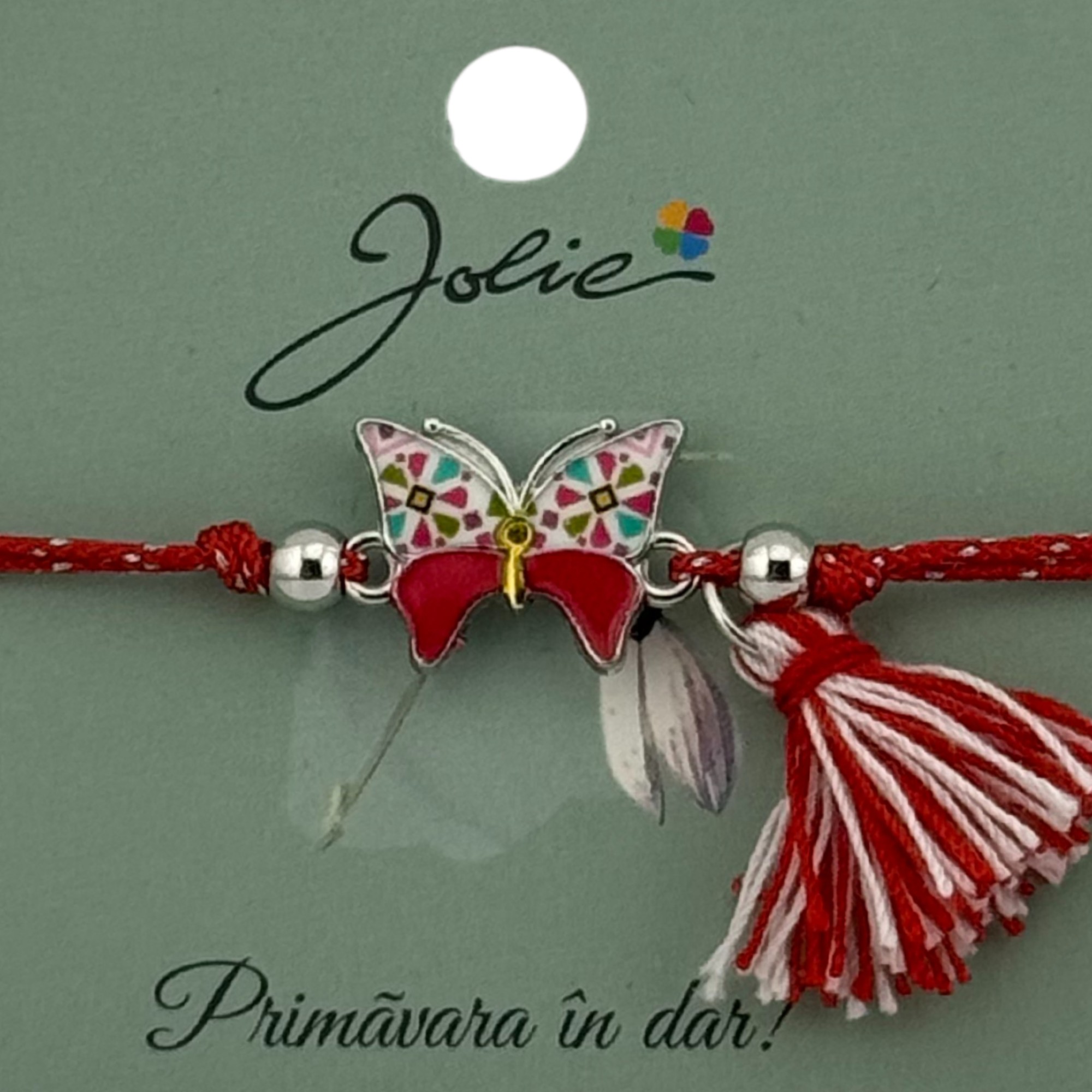 Martisor Bratara Ciucure, Jolie, Snur Rosu Reglabil, cu Pandantiv, Model Fluture