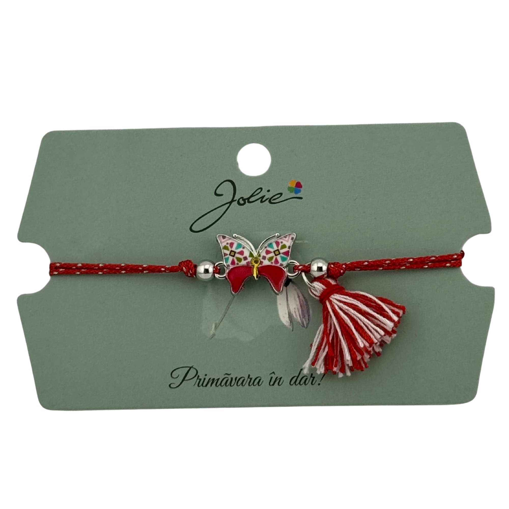 Martisor Bratara Ciucure, Jolie, Snur Rosu Reglabil, cu Pandantiv, Model Fluture