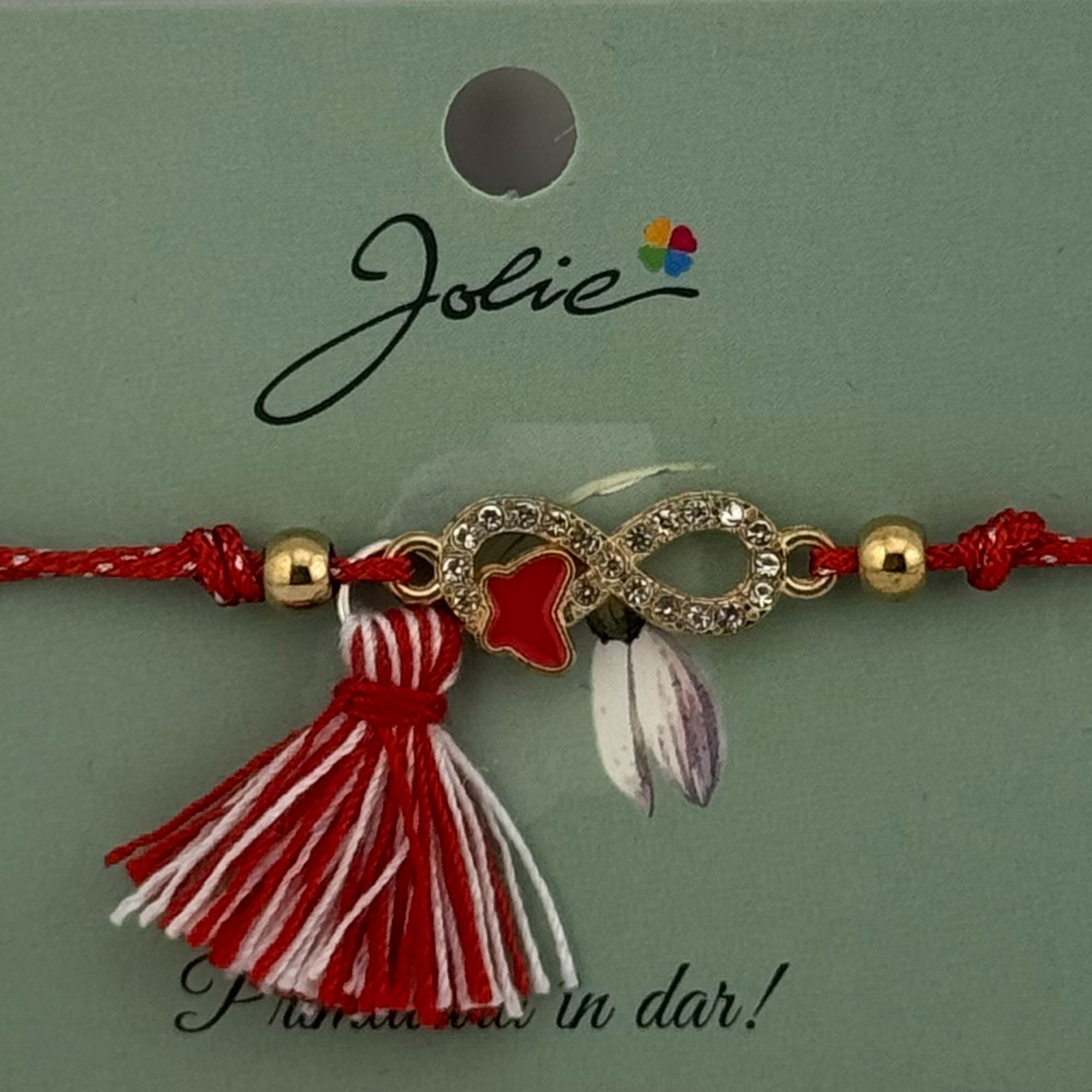 Martisor Bratara Ciucure, Jolie, Snur Rosu Reglabil, cu Pandantiv, Model Infinit Fluturas