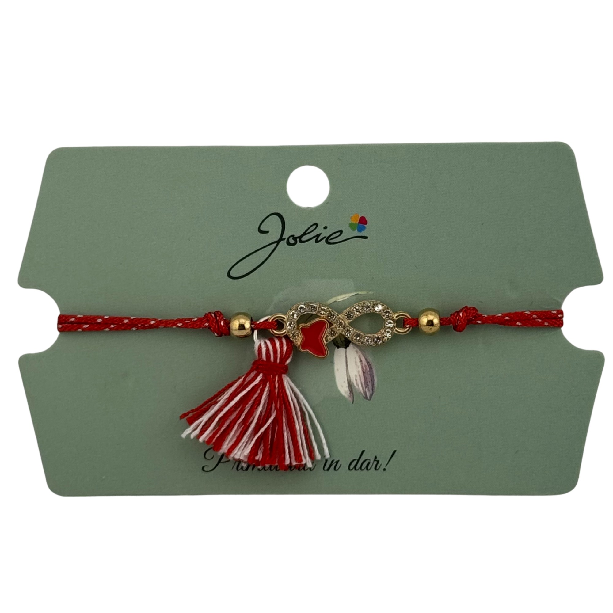 Martisor Bratara Ciucure, Jolie, Snur Rosu Reglabil, cu Pandantiv, Model Infinit Fluturas
