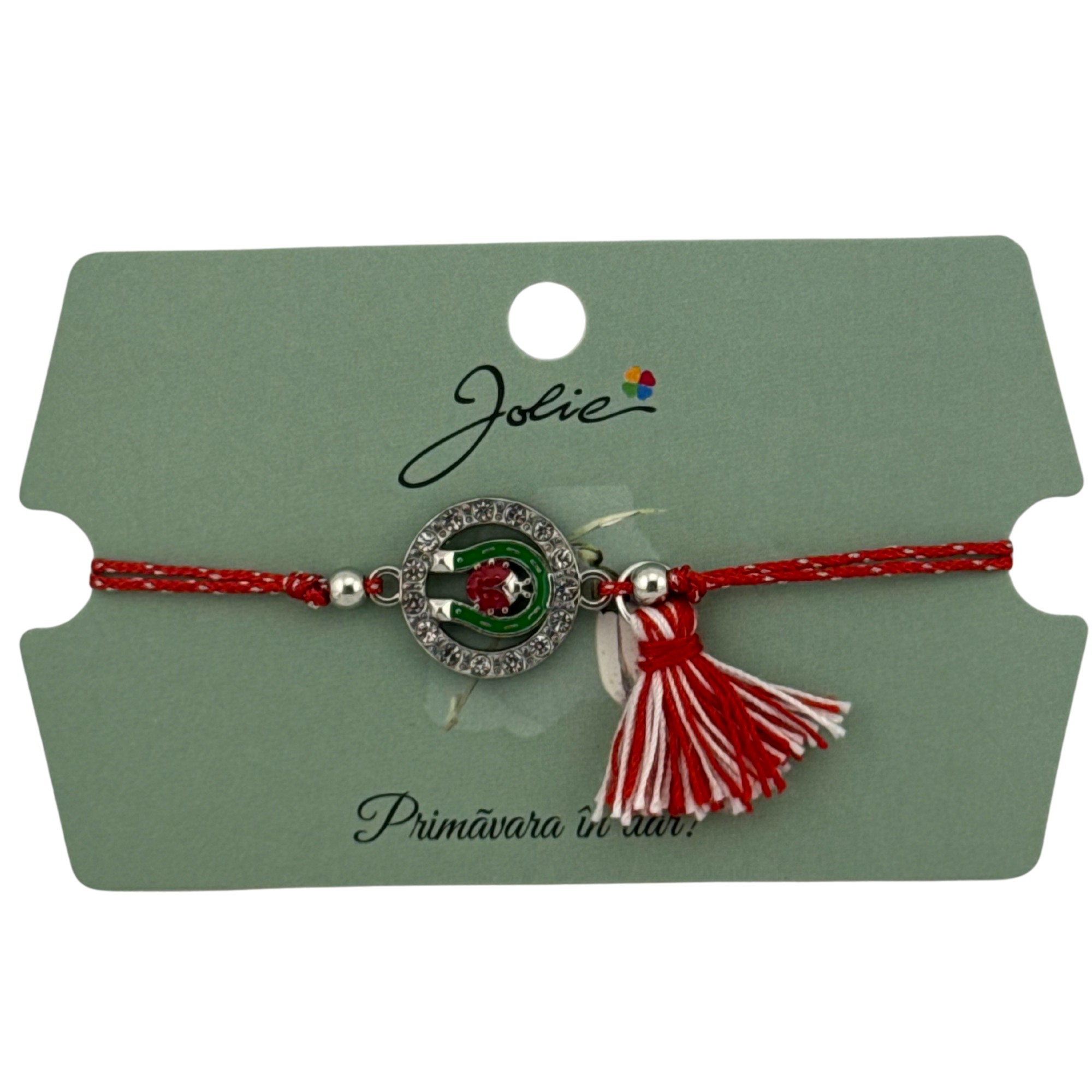 Martisor Bratara Ciucure, Jolie, Snur Rosu Reglabil, cu Pandantiv, Model Cerc Potcoava Buburuza