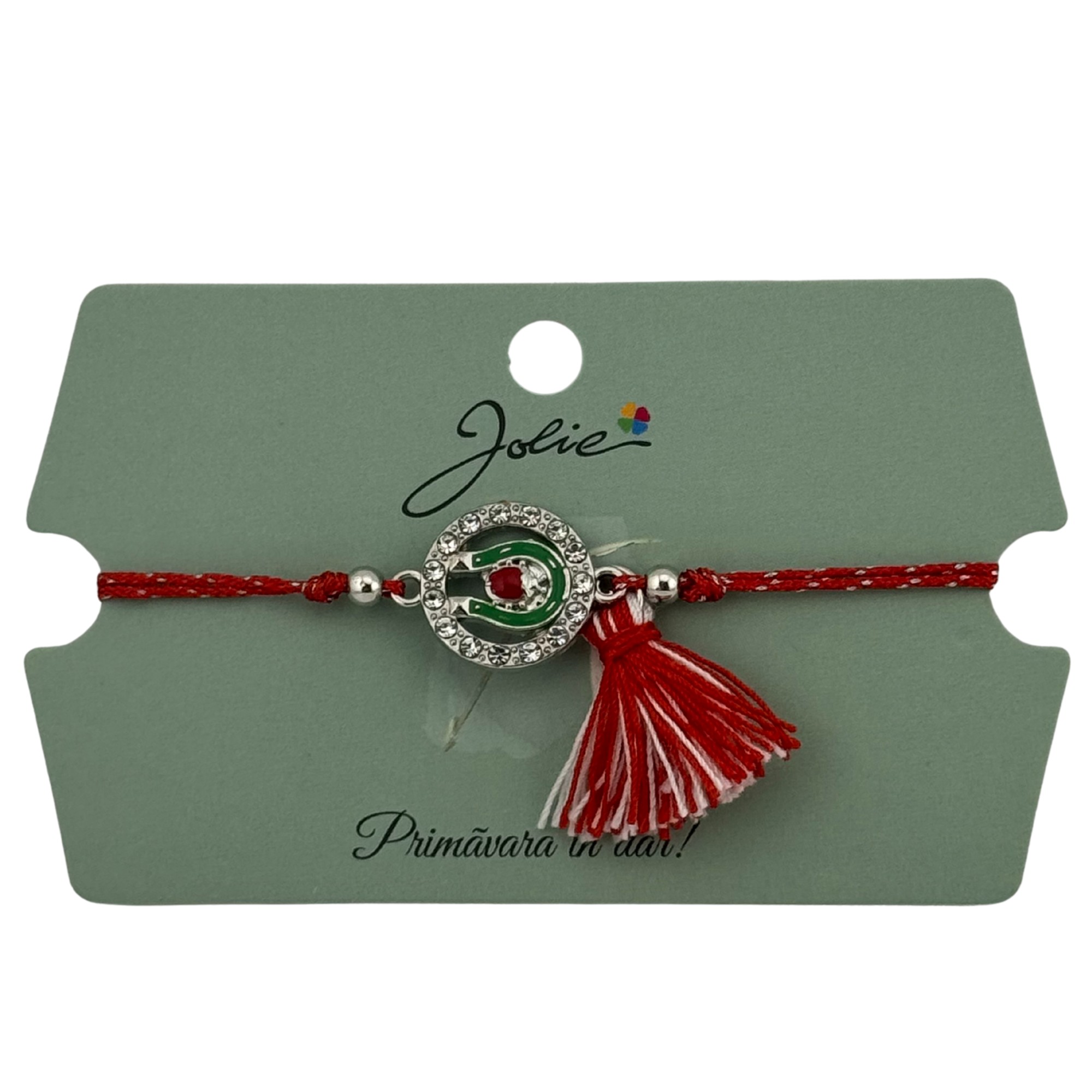 Martisor Bratara Ciucure, Jolie, Snur Rosu Reglabil, cu Pandantiv, Model Cerc Potcoava Buburuza