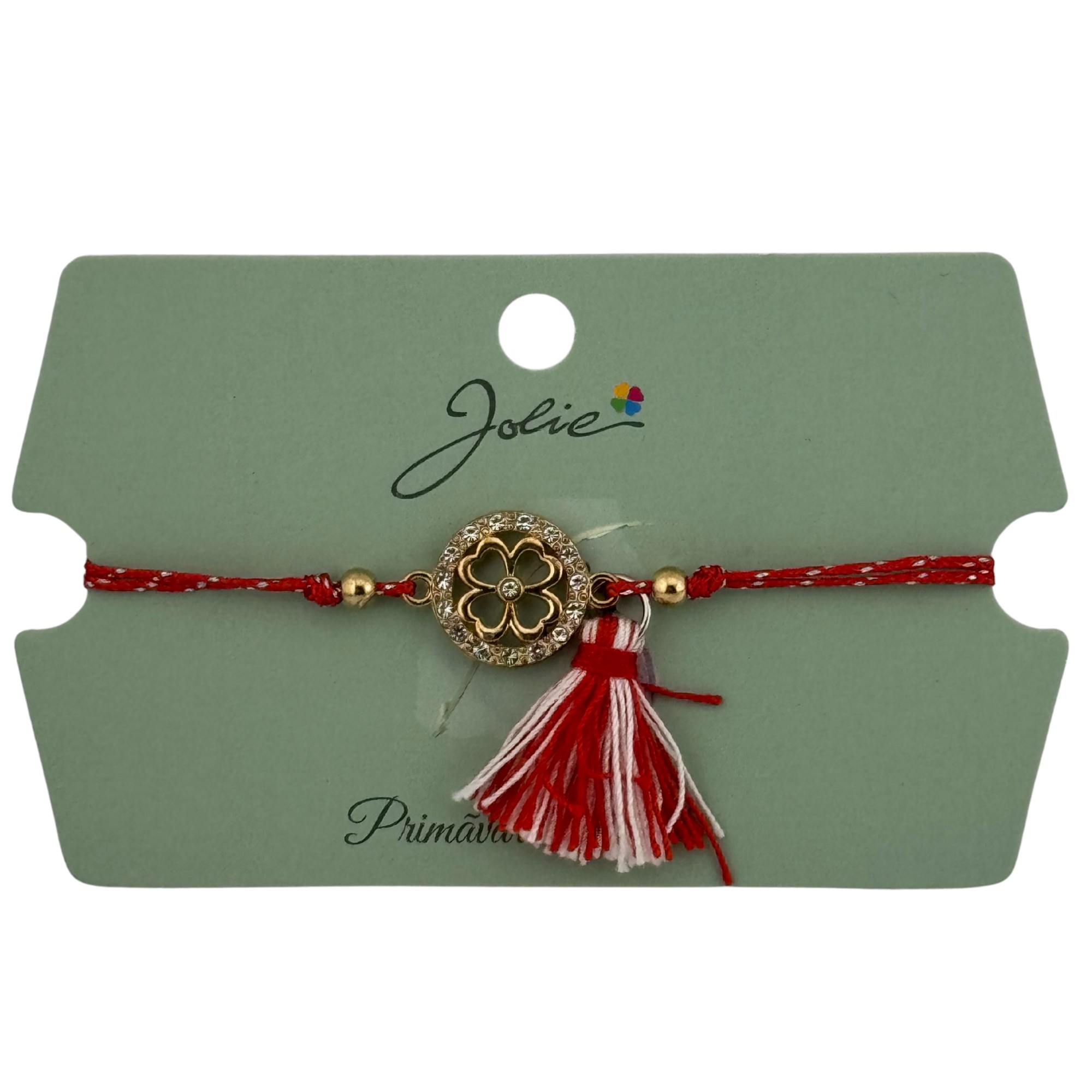 Martisor Bratara Ciucure, Jolie, Snur Rosu Reglabil, cu Pandantiv, Model Trifoi cu Patru Foi