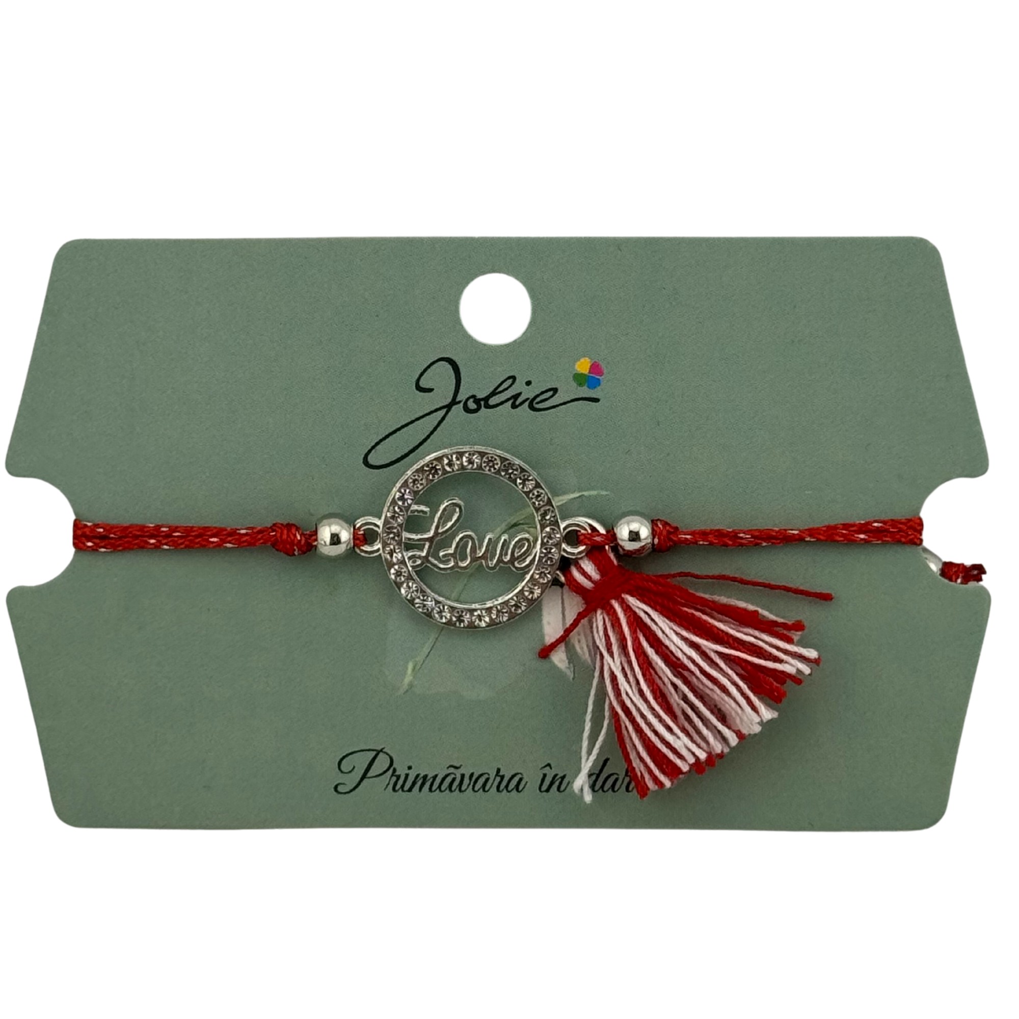 Martisor Bratara Ciucure, Jolie, Snur Rosu Reglabil, cu Pandantiv, Model Cerc Love