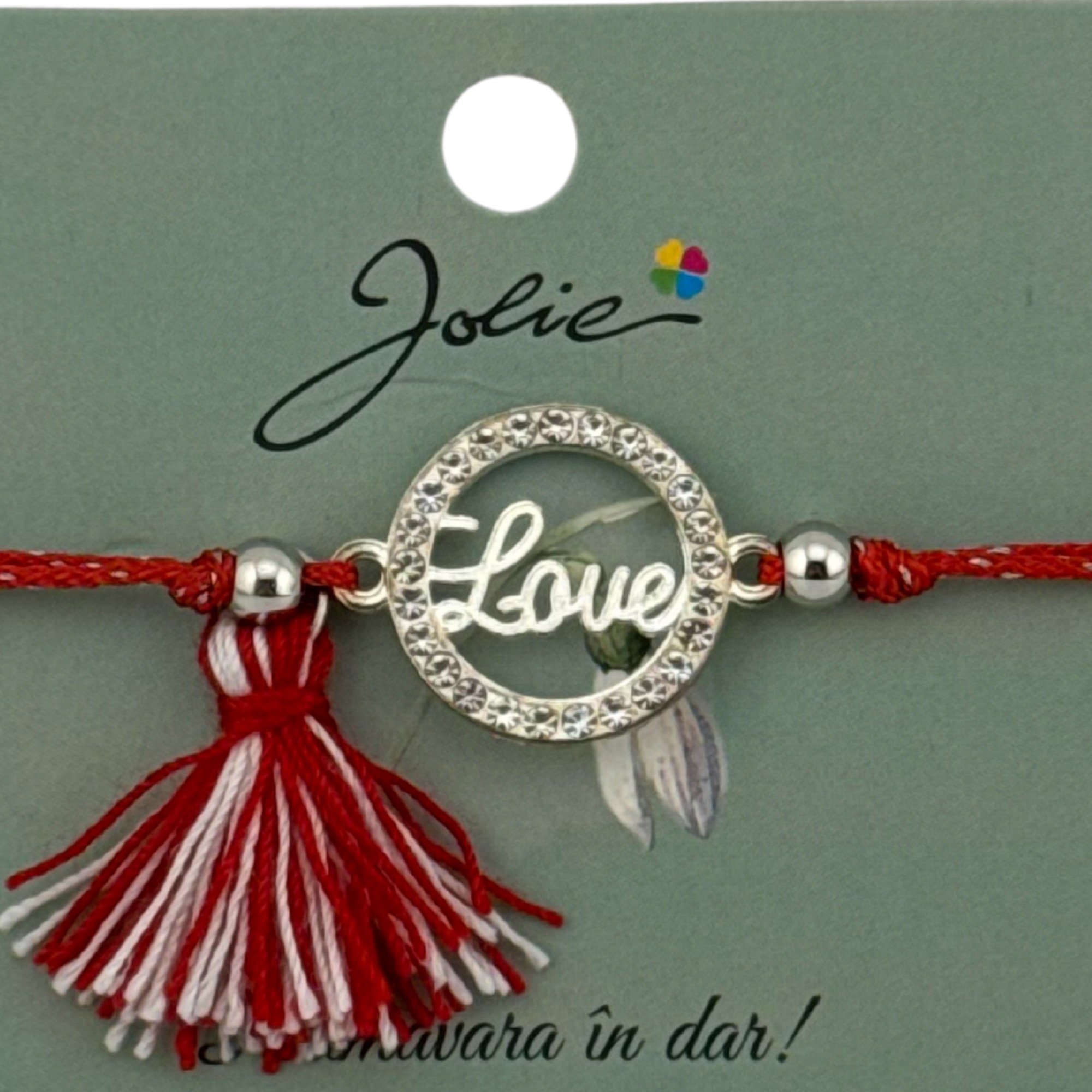 Martisor Bratara Ciucure, Jolie, Snur Rosu Reglabil, cu Pandantiv, Model Cerc Love