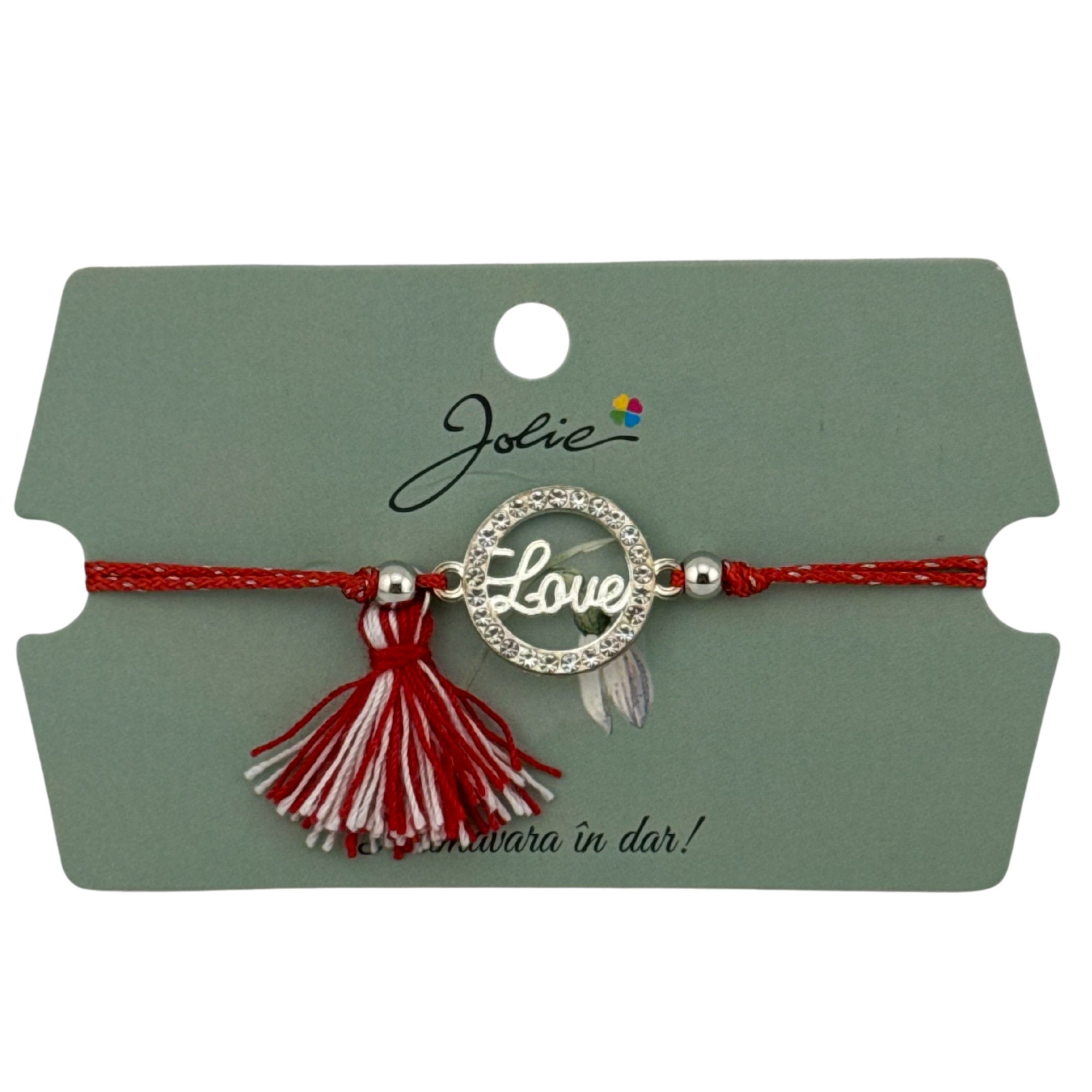 Martisor Bratara Ciucure, Jolie, Snur Rosu Reglabil, cu Pandantiv, Model Cerc Love