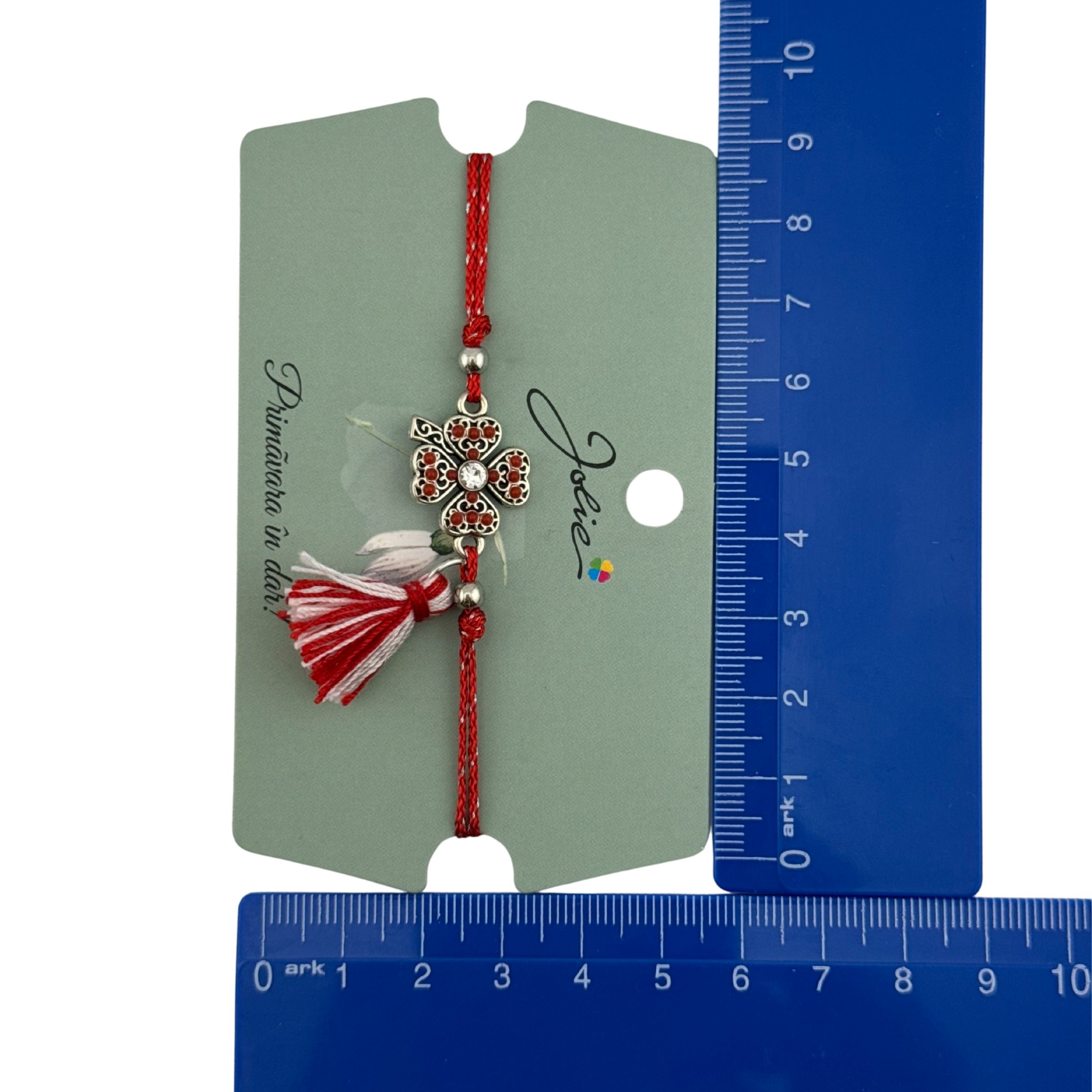 Martisor Bratara Ciucure, Jolie, Snur Rosu Reglabil, cu Pandantiv, Model Trifoi Traditional