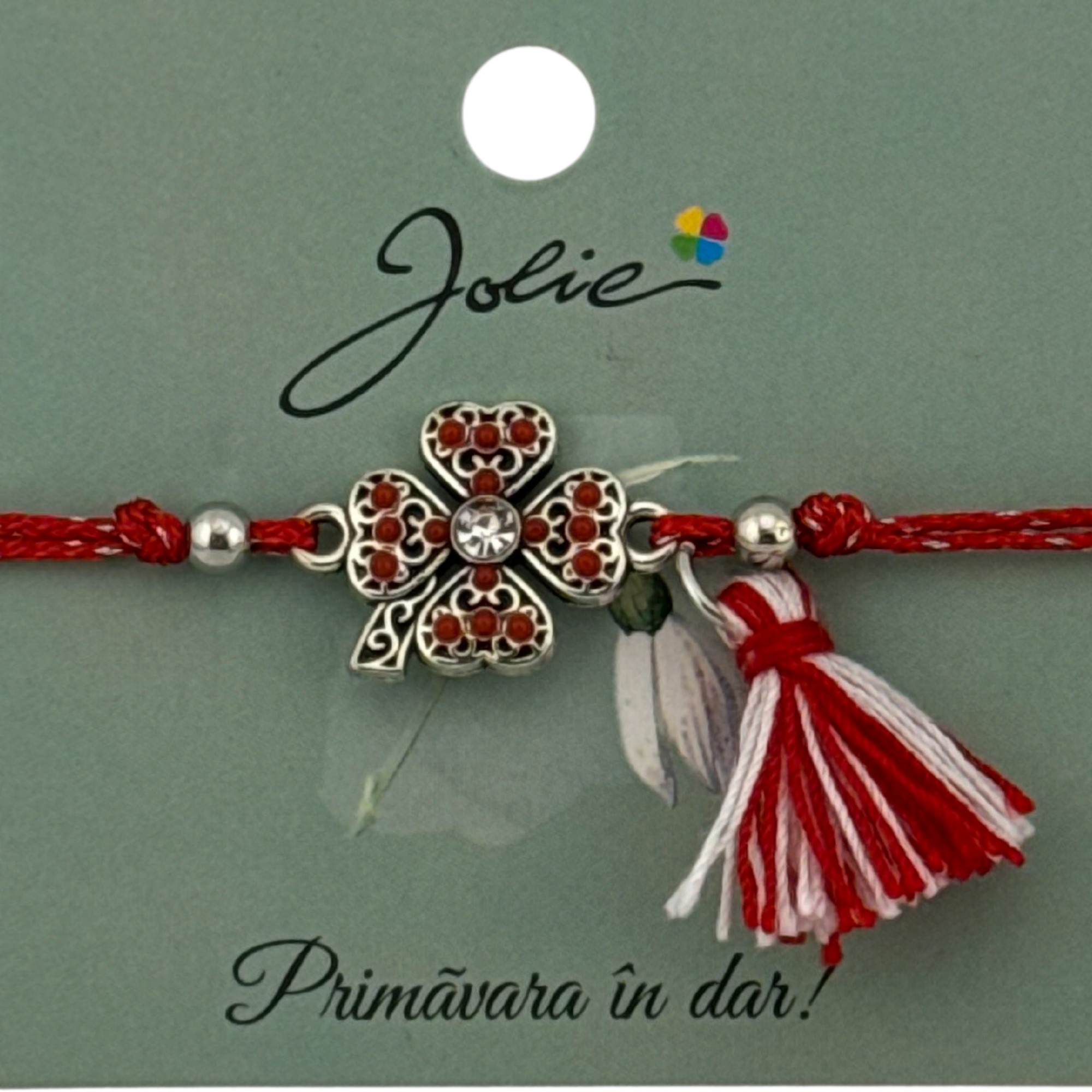 Martisor Bratara Ciucure, Jolie, Snur Rosu Reglabil, cu Pandantiv, Model Trifoi Traditional