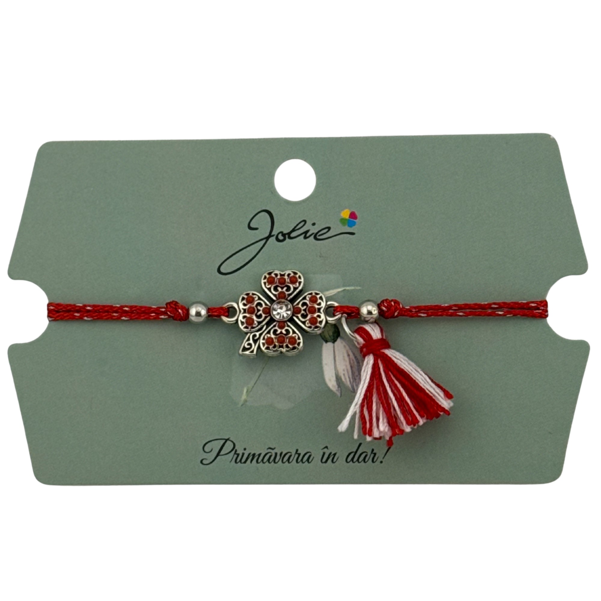 Martisor Bratara Ciucure, Jolie, Snur Rosu Reglabil, cu Pandantiv, Model Trifoi Traditional