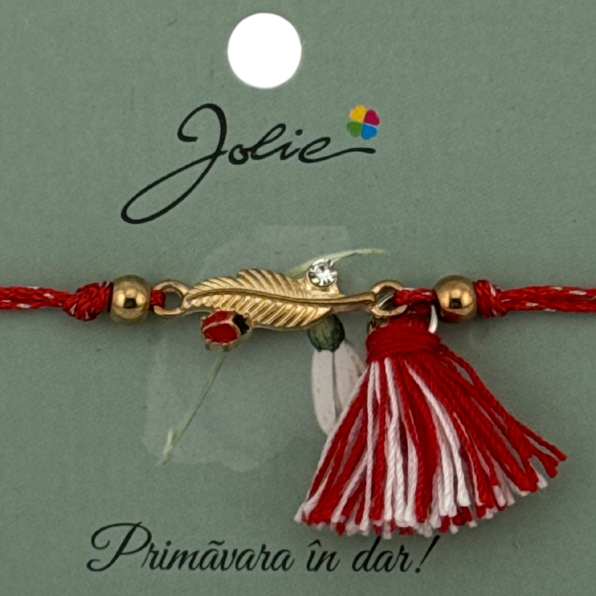 Martisor Bratara Ciucure, Jolie, Snur Rosu Reglabil, cu Pandantiv, Model Pana Buburuza