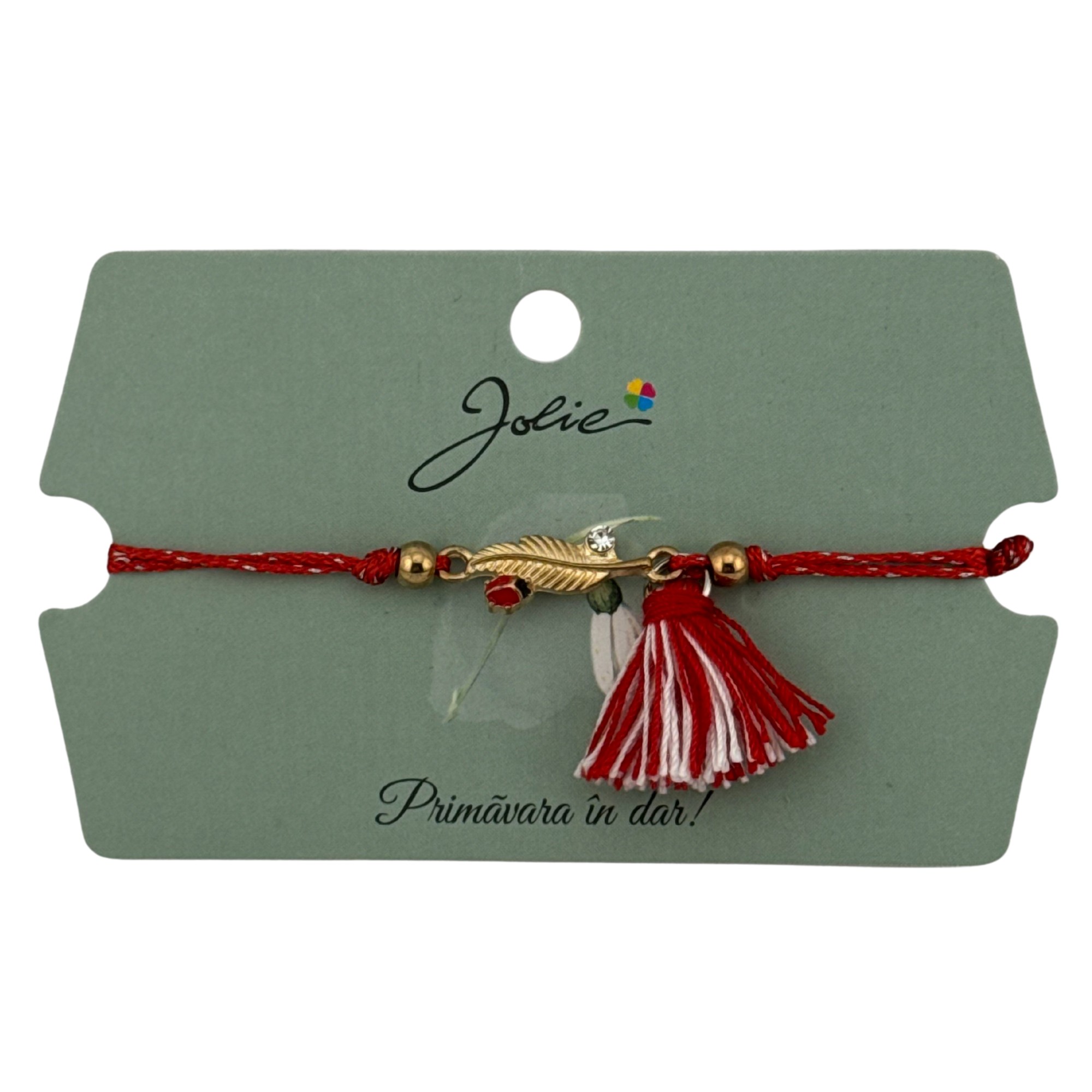 Martisor Bratara Ciucure, Jolie, Snur Rosu Reglabil, cu Pandantiv, Model Pana Buburuza