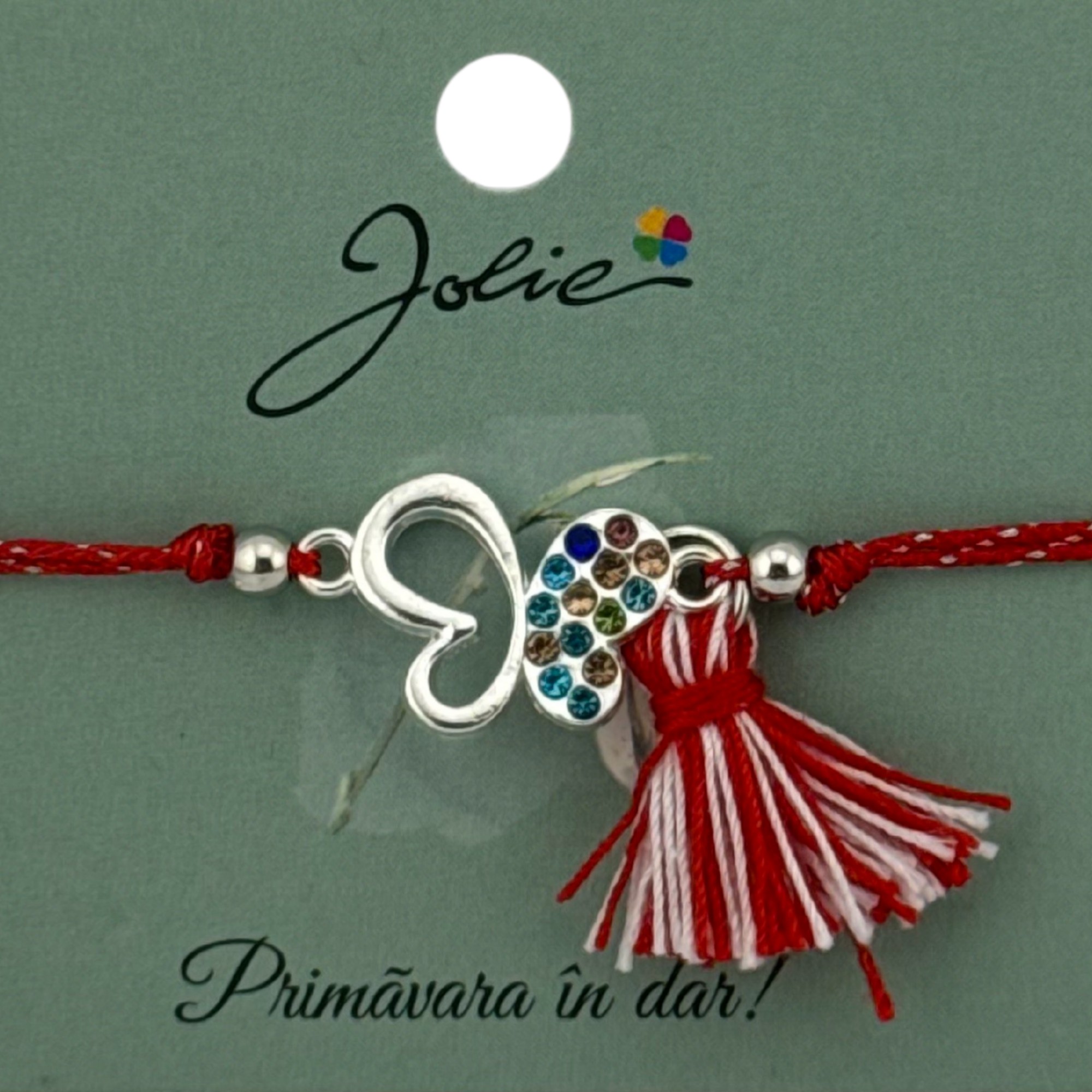 Martisor Bratara Ciucure, Jolie, Snur Rosu Reglabil, cu Pandantiv, Model Fluture Multicolor