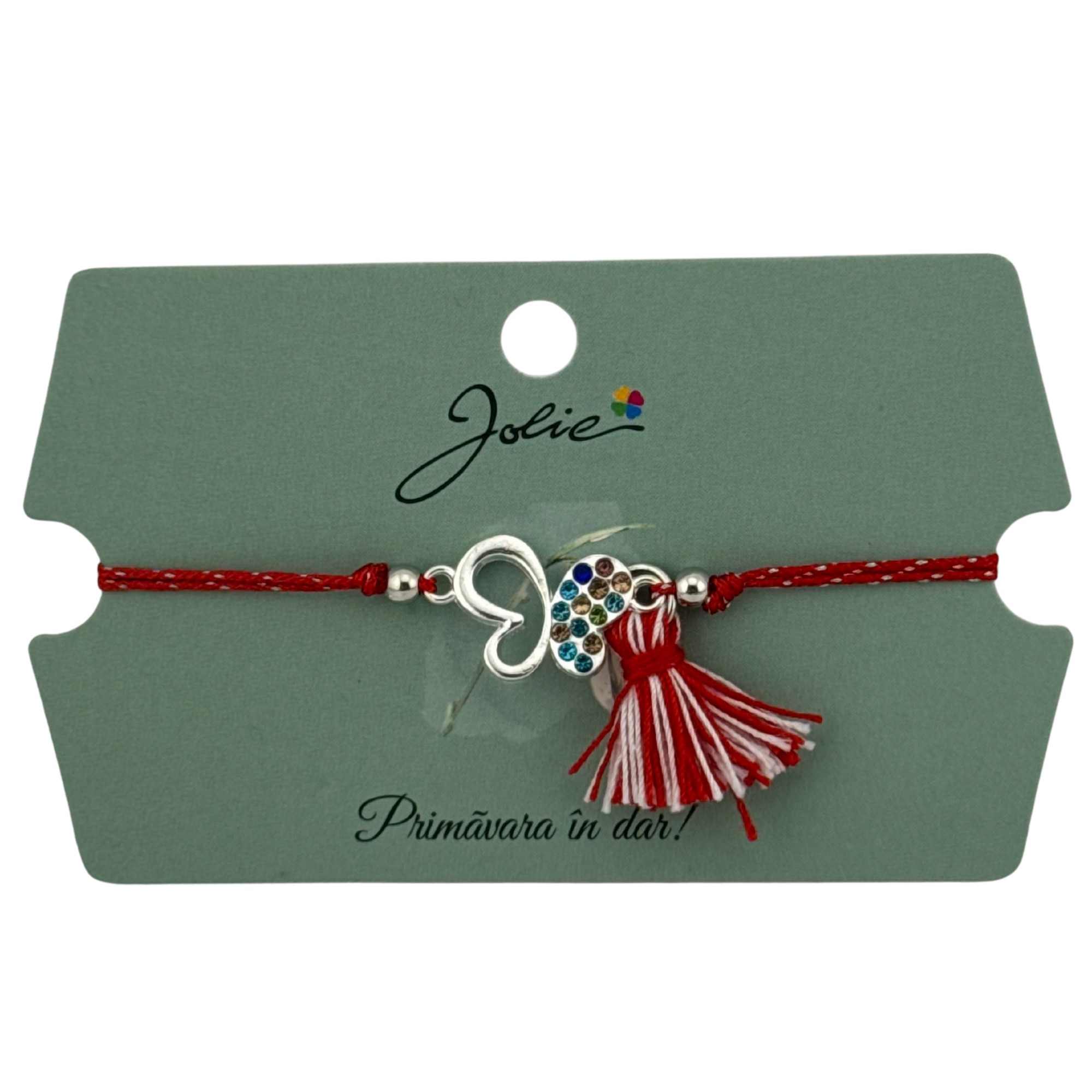 Martisor Bratara Ciucure, Jolie, Snur Rosu Reglabil, cu Pandantiv, Model Fluture Multicolor