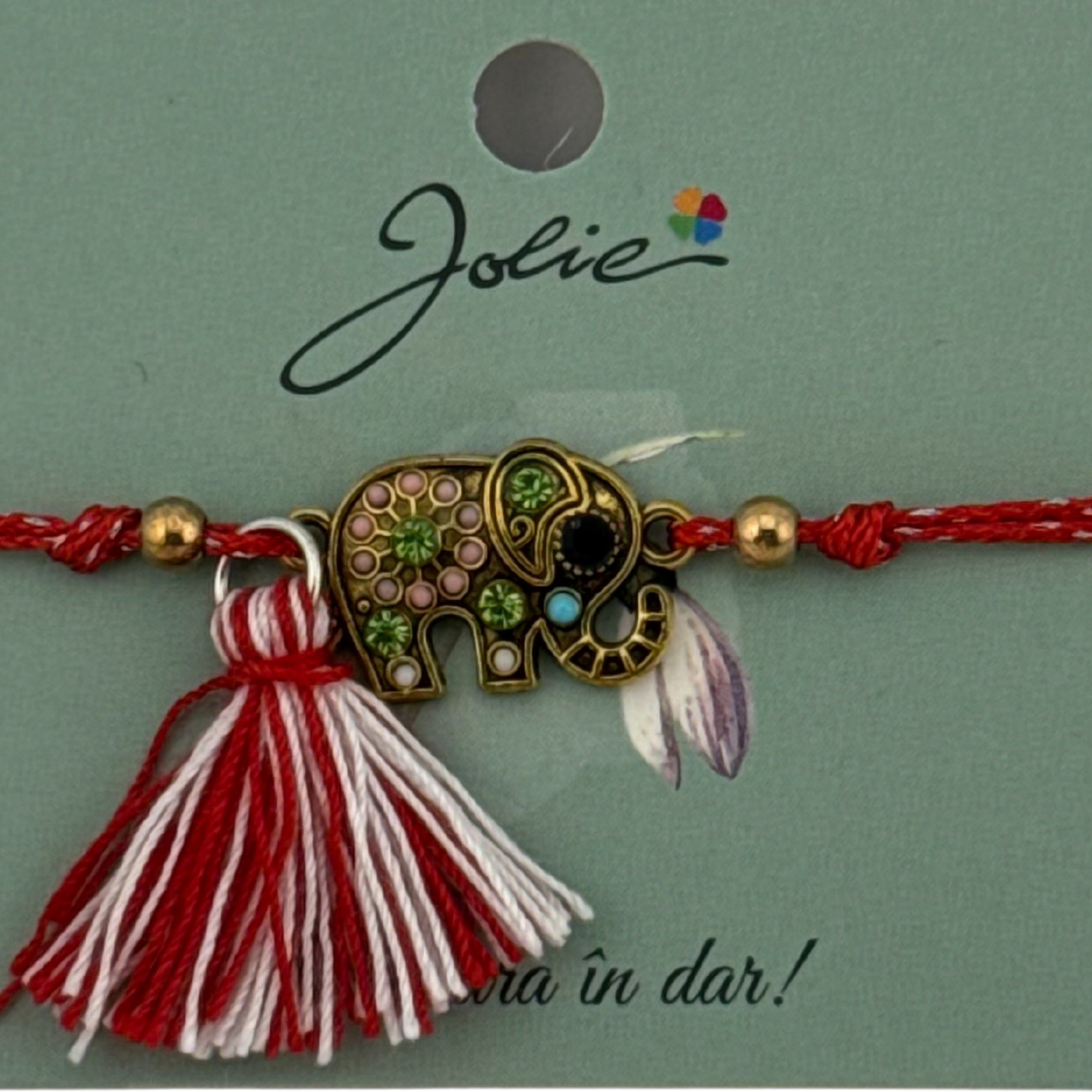 Martisor Bratara Ciucure, Jolie, Snur Rosu Reglabil, cu Pandantiv, Model Elefant